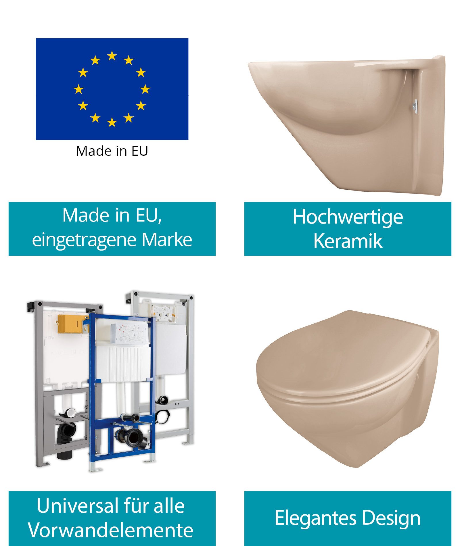 Calmwaters Tiefspül-WC Wand-WC spülrandlos mit Erhöhung, wandhängend, Wandmontage, Spülrandlos, +6 cm, Bahamabeige, WC-Sitz Absenkautomatik, 08AB6260