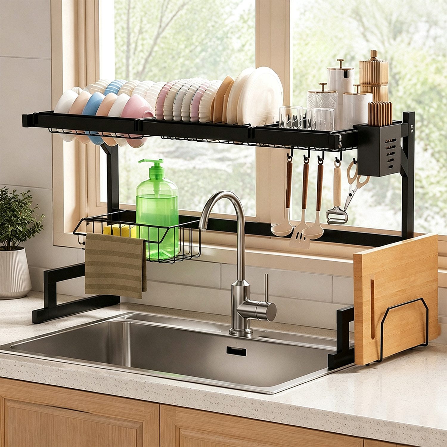 devesanter Küchenorganizer-Set Spülbecken-Abtropfgestell mit Besteckhalter und Hakenleiste, 85 cm, (1-tlg), Geschirrständer über der Spüle, Trockenständer, Küchenregal