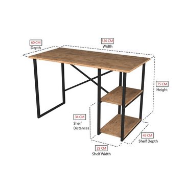 Zeta Interior Schreibtisch, 60x 120 cm Metall und Holz Arbeitstisch mit 2 Regalen, Bürotisch