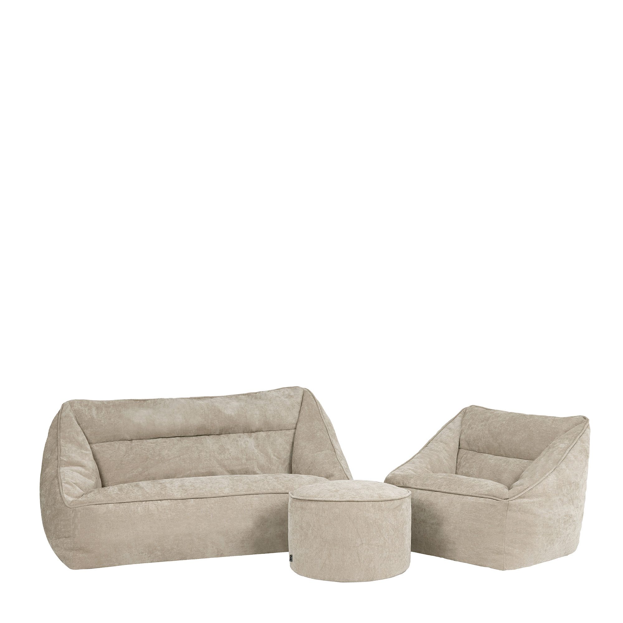 icon Sitzsack Sofa und Sessel aus Chenille „Cecilia" mit und runder Sitzpouf (Spar-Set, 1 x Sofa, 1 x Sessel, 1 x Hocker), Made in Germany, für Erwachsene, Sitzsack XXL