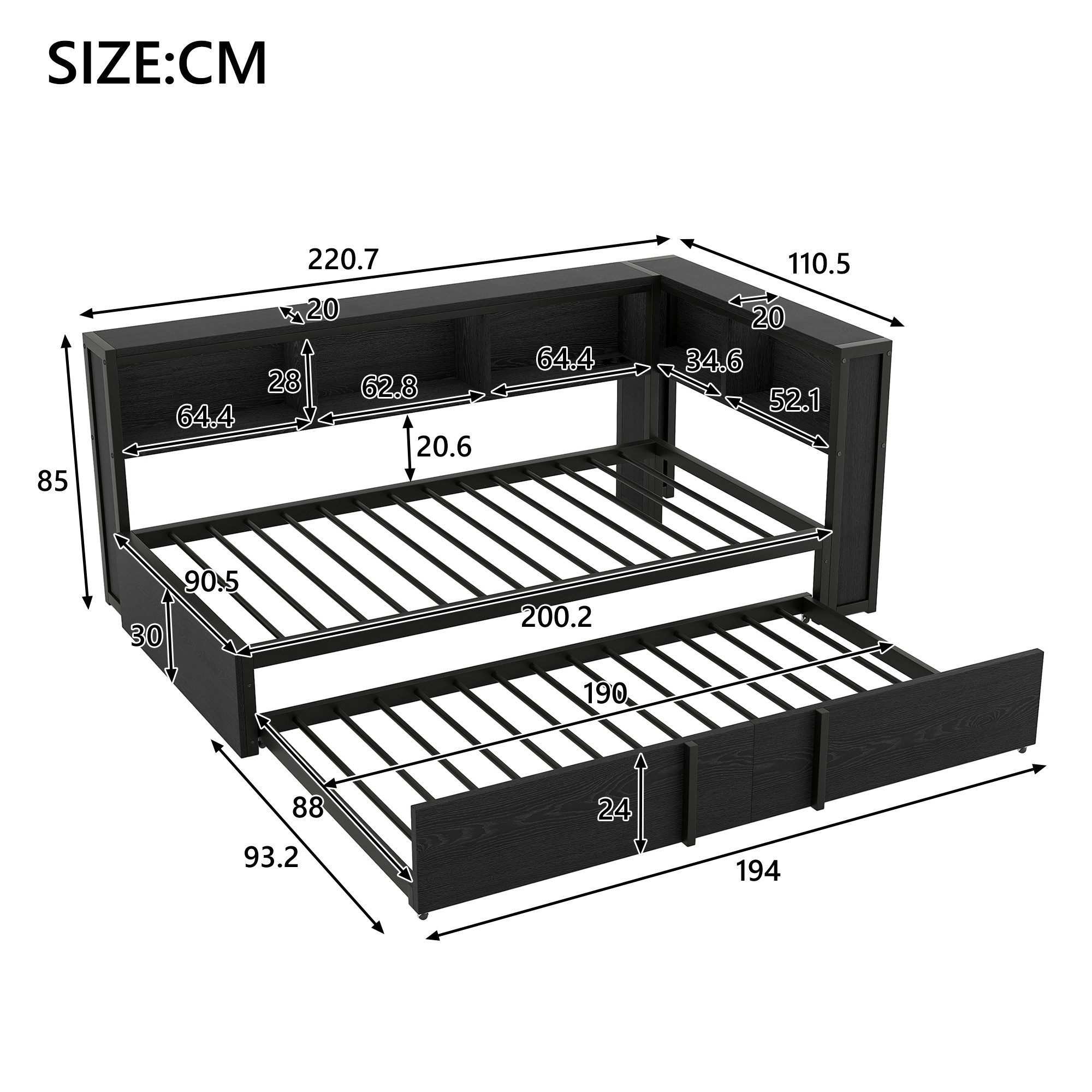 Merax Daybett 90x200cm mit LED-Beleuchtung und USB-Anschlüssen (Jugendbett Kinderbett aus Metall und MDF, 1 tlg), Tagesbett mit Ausziehbett & 5 Stauschränken, S – Bild 5 von 5