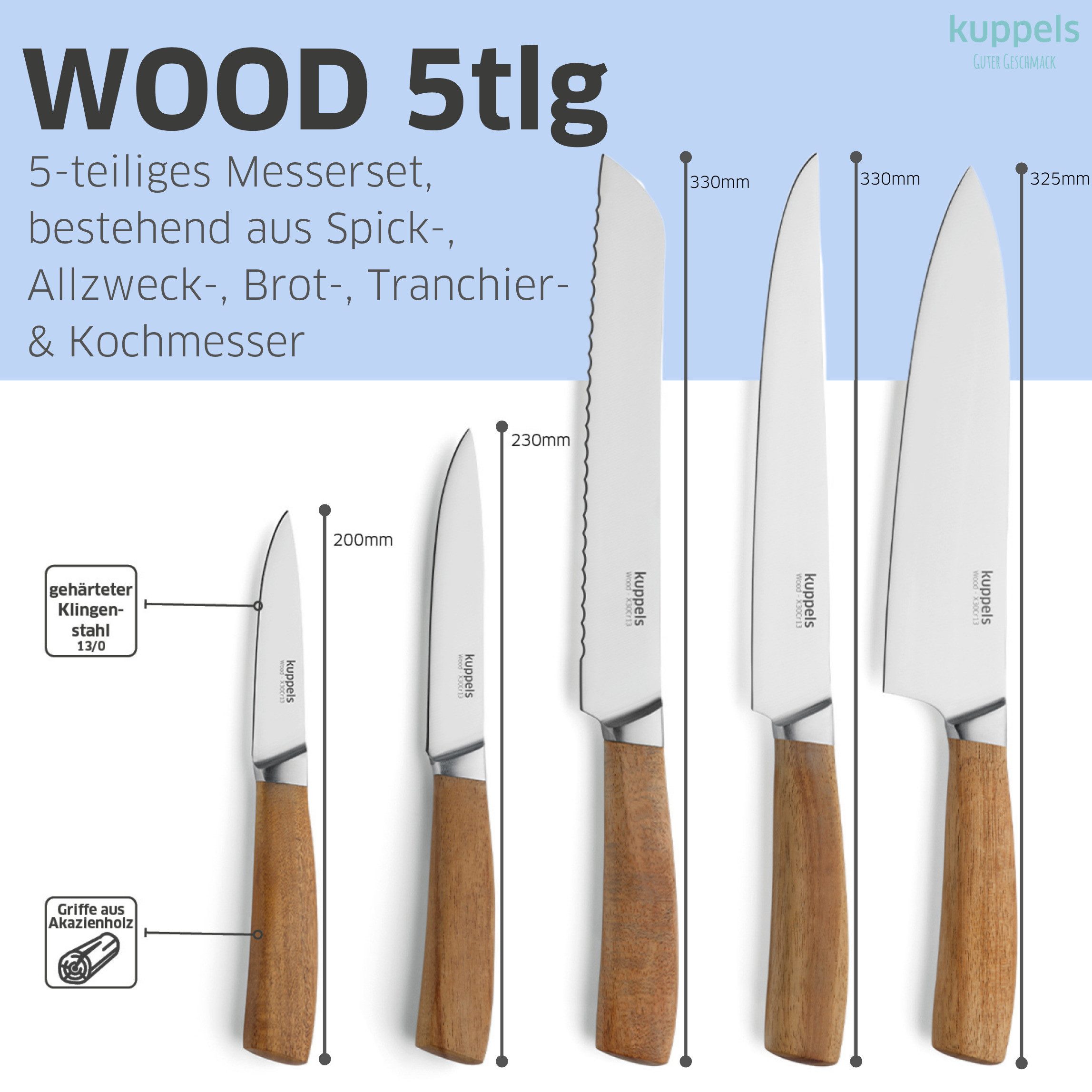 Kuppels Messerblock WOOD (5tlg), formschöner Akazienholzblock inklusive 5 Messern – Bild 2 von 5