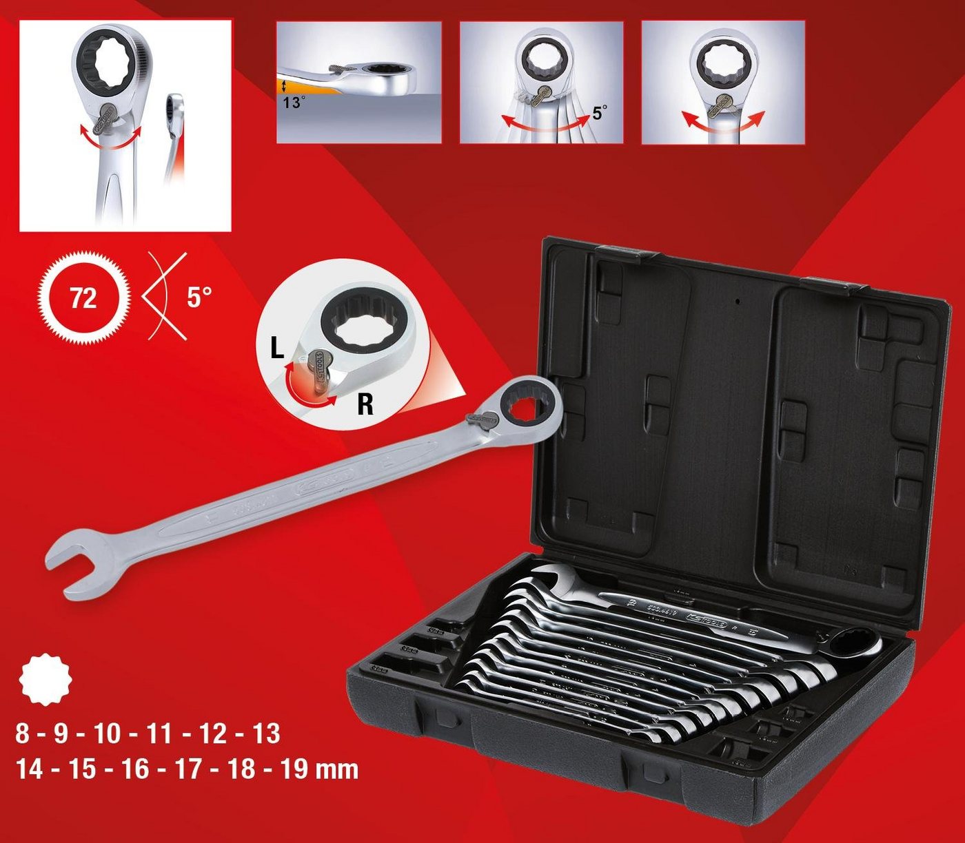 Thumbnail - KS Tools Ringschlüssel GEARplus Ratschenringmaulschlüssel-Satz, umschaltbar,12-tlg