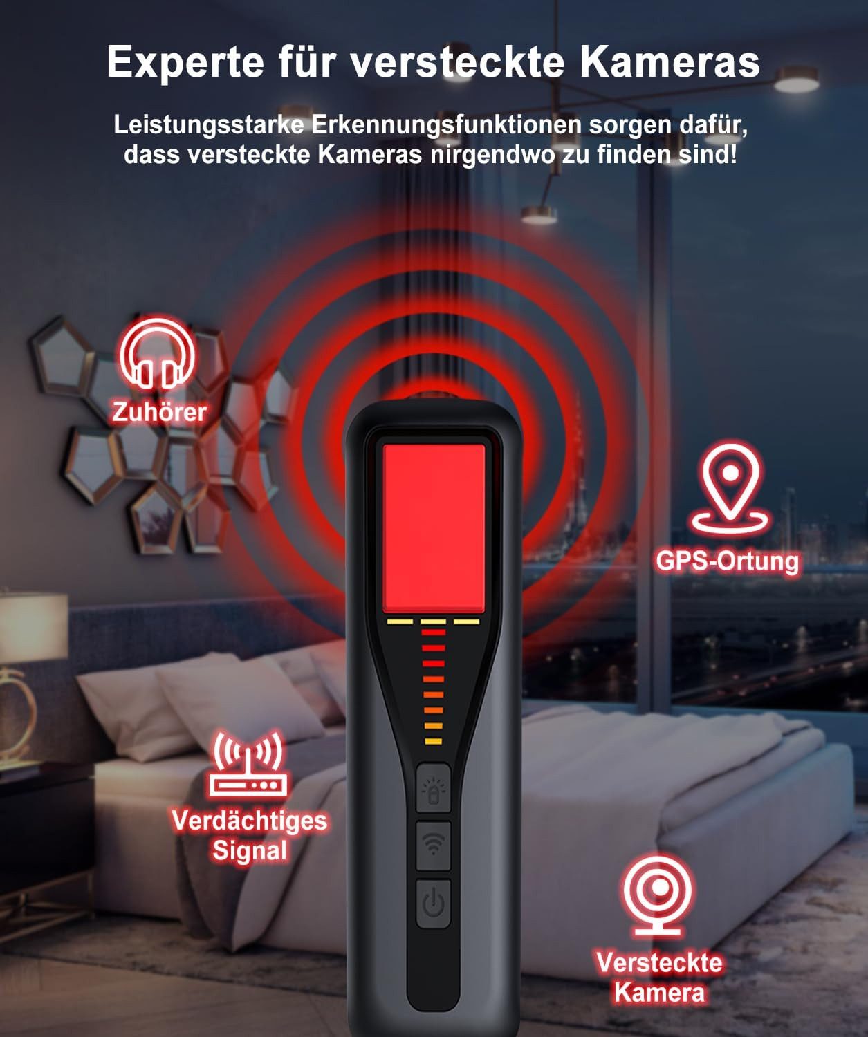 SpionProfi Überwachungskamera Zubehör Detektor Kamera Mini Überwachungskamera Finder Wanzen Gps Ortungsgerät (1-tlg., Detektor für Wanzen Spycam Versteckte Kamera Gps Tracker uvm)