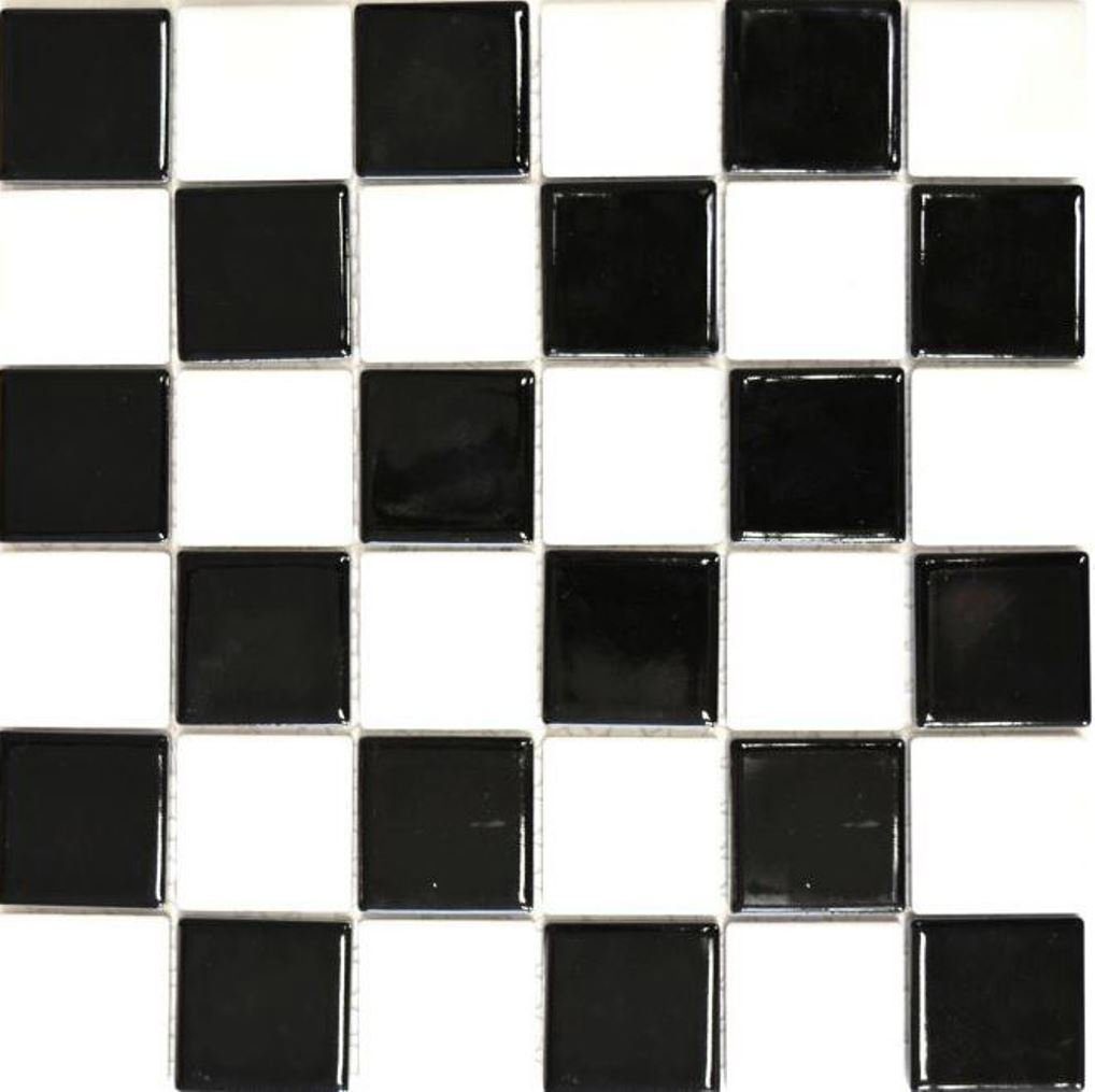 weiß schwarz Fliese Mosani Mosaikfliesen Schachbrett glänzend Fliesenspiegel Keramik Mosaik