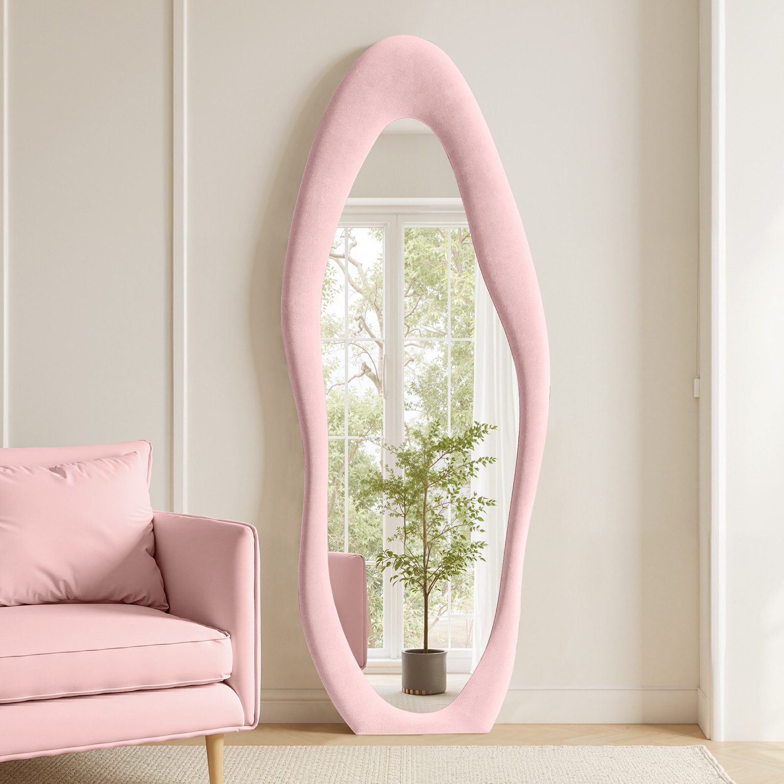 LUNAMIRROR Ganzkörperspiegel in organische Form, mit Samtbezug und Holzrahmen (1-St), stehend & hängend, 160x60 cm