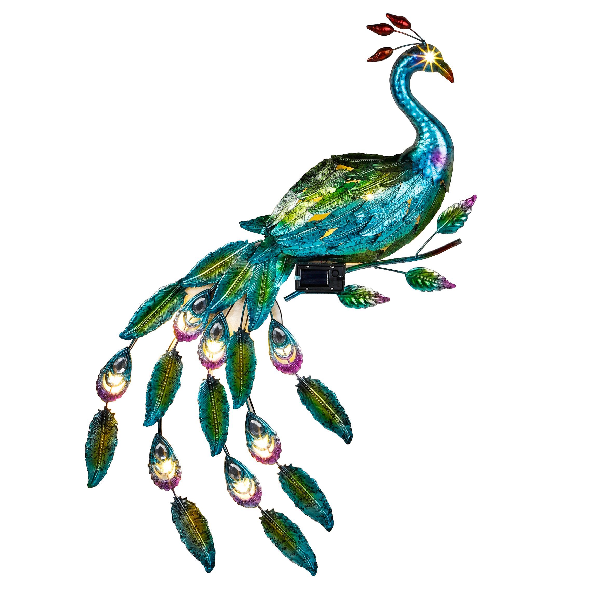 HI Wanddekoobjekt LED-Solar-Wand-Deko „Pfau“ 63 x 6 x 92cm, 11 Warmweiße LED – Dämmerungssensor