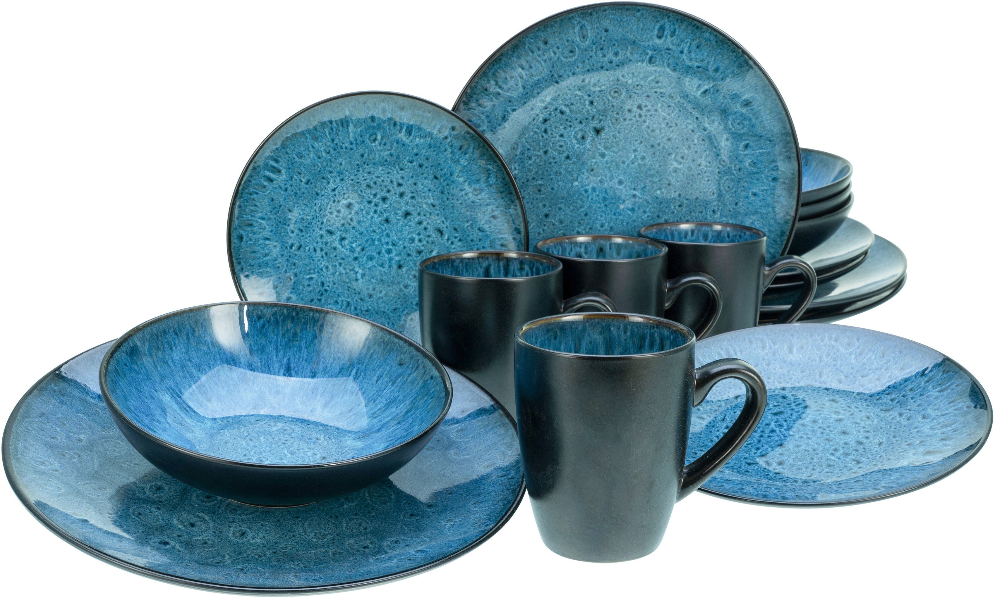 creaTable Kombiservice Geschirr-Set Capri (16-tlg), 4 Personen, Steinzeug, Service, intensiv blaue Reaktivfarbe, Bicolor, 16 Teile für 4 Personen