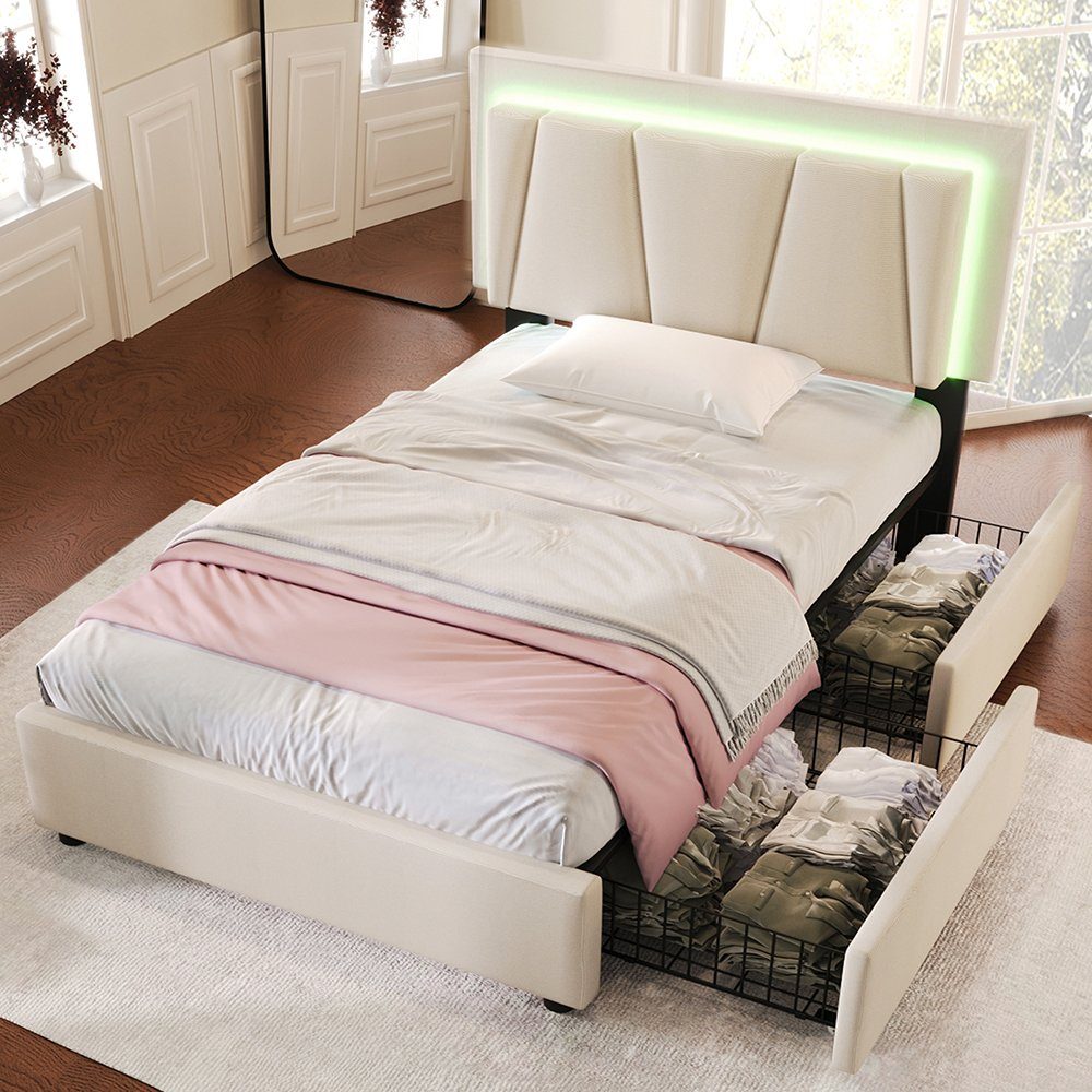 Polsterbett (Stauraumbett, mit Matratze), Einzelbett 90x200cm mit LED-Beleuchtung und 2 Schubladen