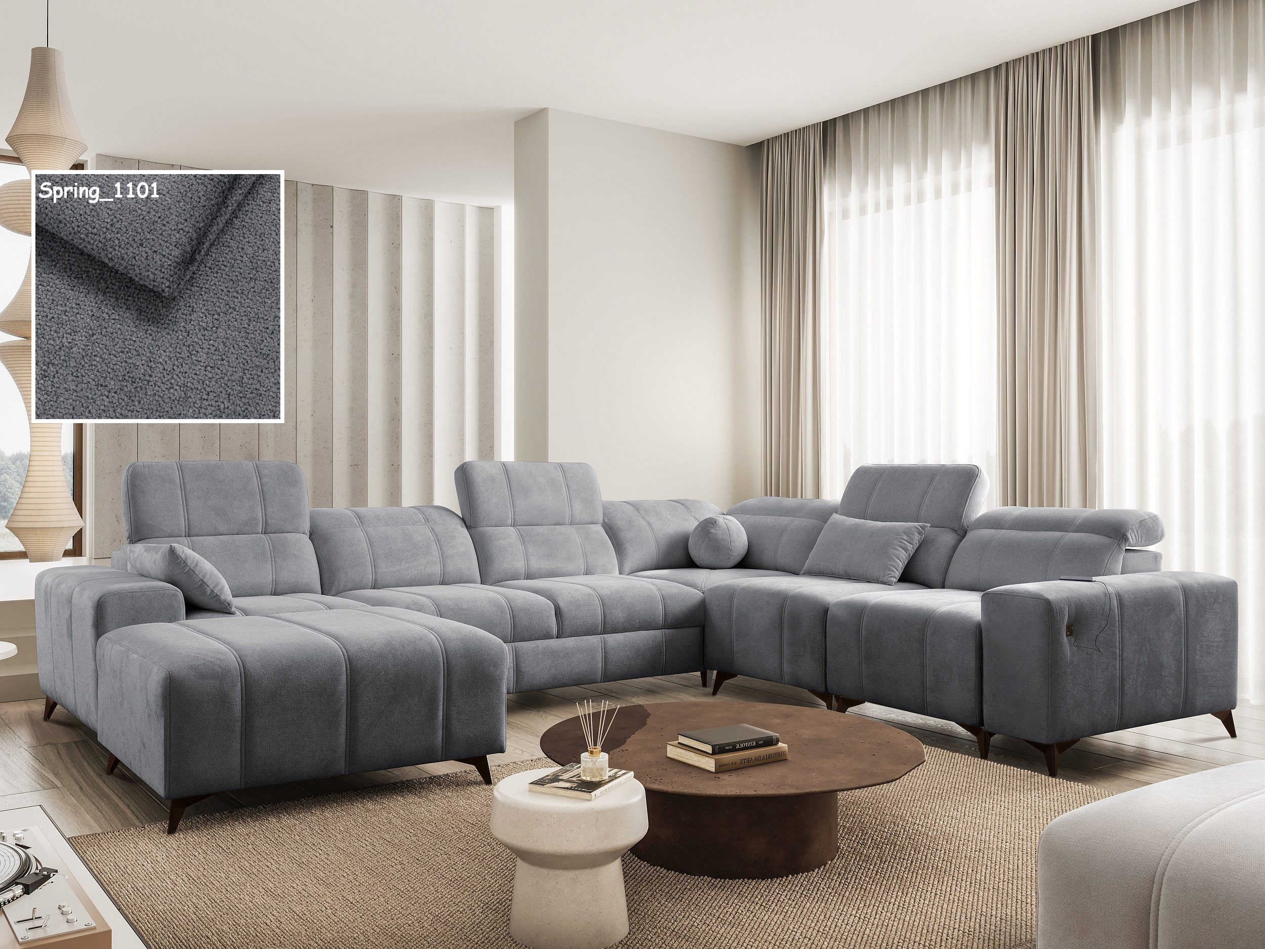 Möbel für Dich Wohnlandschaft Wohnlandschaft XXL Dafne 8 in U-Form mit USB, mit freistellbarem Hocker, 2 Bettkästen und verstellbaren Kopfstützen