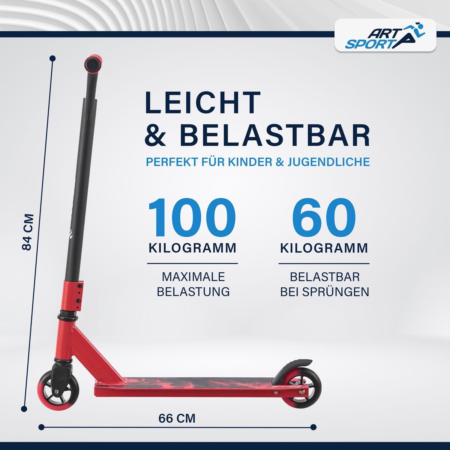 ArtSport Stuntscooter Red Smoke, Alu Core, 360°-Lenker mit TPR-Grips, stabil und leicht