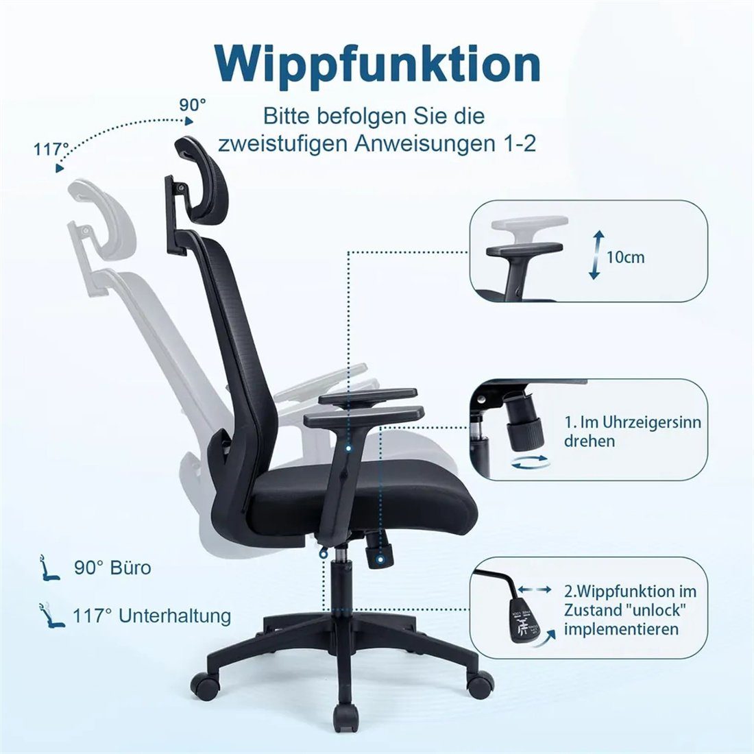 Drehstuhl, 90°-115°, drehbar, Armlehnen und 360° Bürostuhl Bürostuhl, Sitzhöhe Neigungswinkel der verstellbar, (Armlehnen, Kopfstütze Fangqi mit Nackenkissen) Rückenlehne verstellbar,