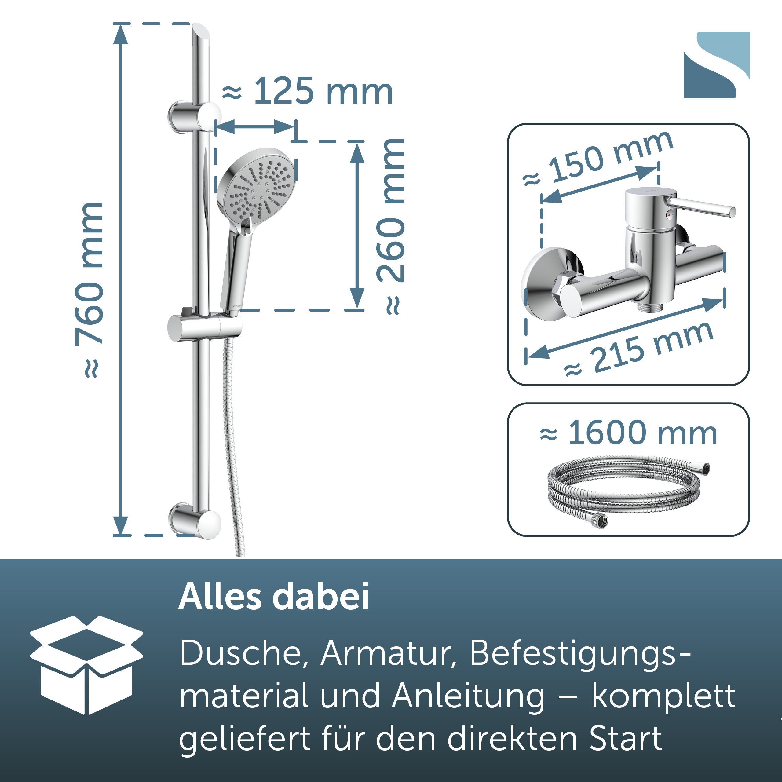 Schütte Duschsystem SAMANA, Höhe 23,5 cm, 3 Strahlart(en), wassersparend, Antikalk, 3-fach verstellbar, Wasserstoppfunktion