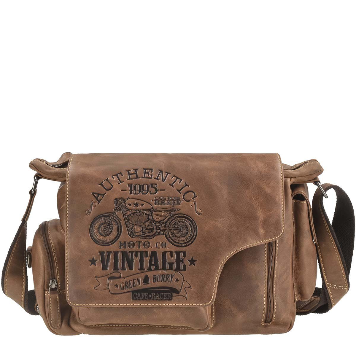 Greenburry Umhängetasche Cafe Racer, used Look, Schultertasche 41x28cm, mit CafeRacer Biker Prägung