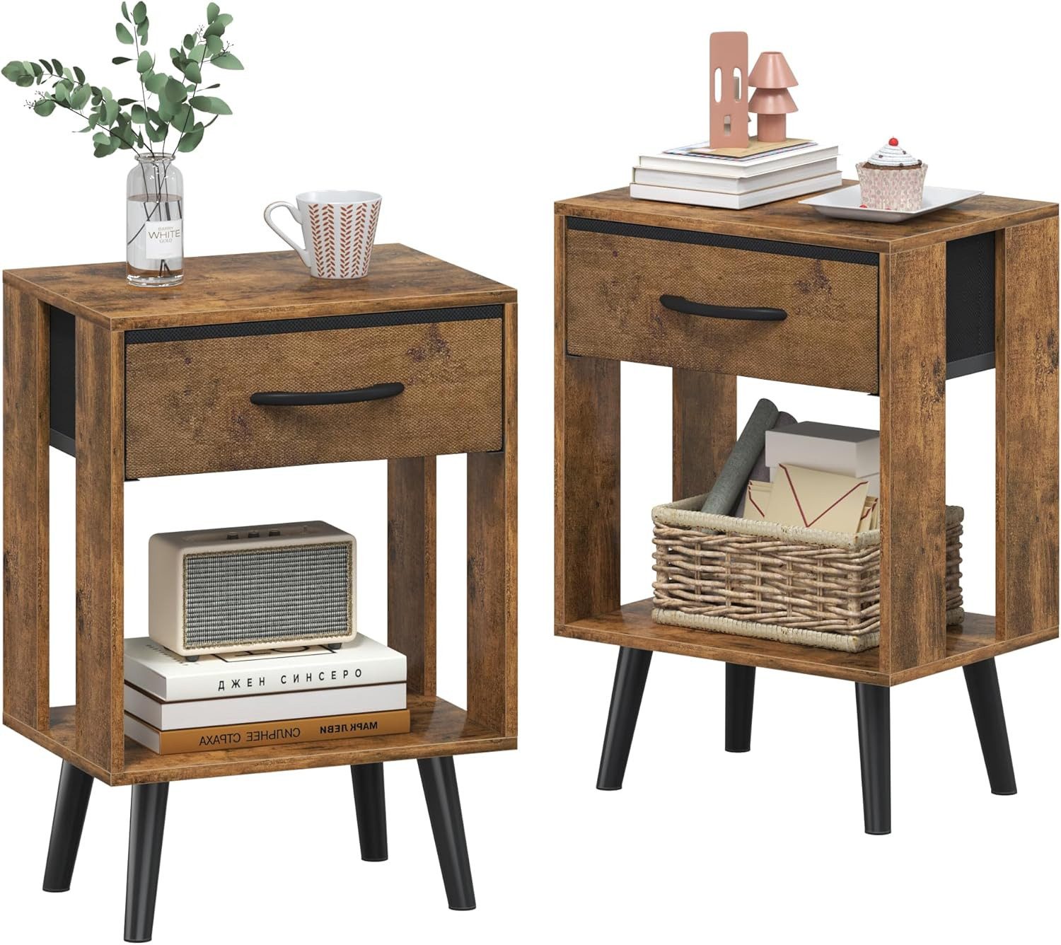 OYRREU Nachttisch Set mit Schubladen, 2 platzsparende Nachtkommoden, OTTO'S CHOICE (Holzoptik 40x30x60 cm, Nachtschrank-Set 2-tlg. Kombination), 2er Beistelltisch platzsparendes Design, harmonisch