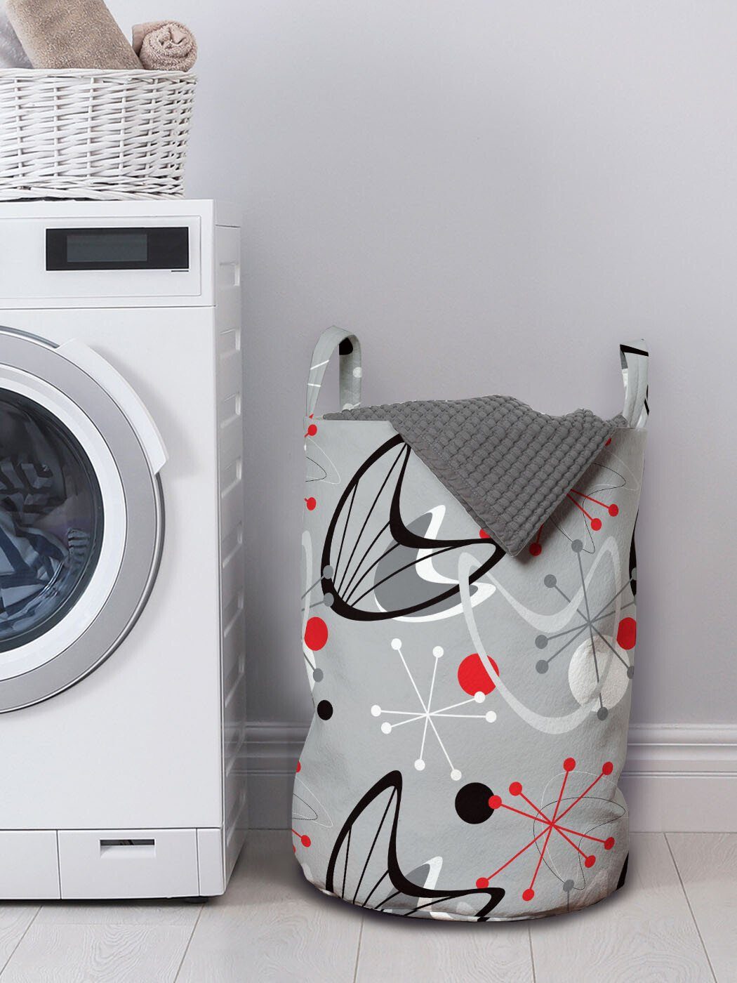 mit des Jahre Kordelzugverschluss Design- Waschsalons, Atomic Mitte 50er Griffen Abakuhaus Wäschesäckchen für Wäschekorb Jahrhunderts
