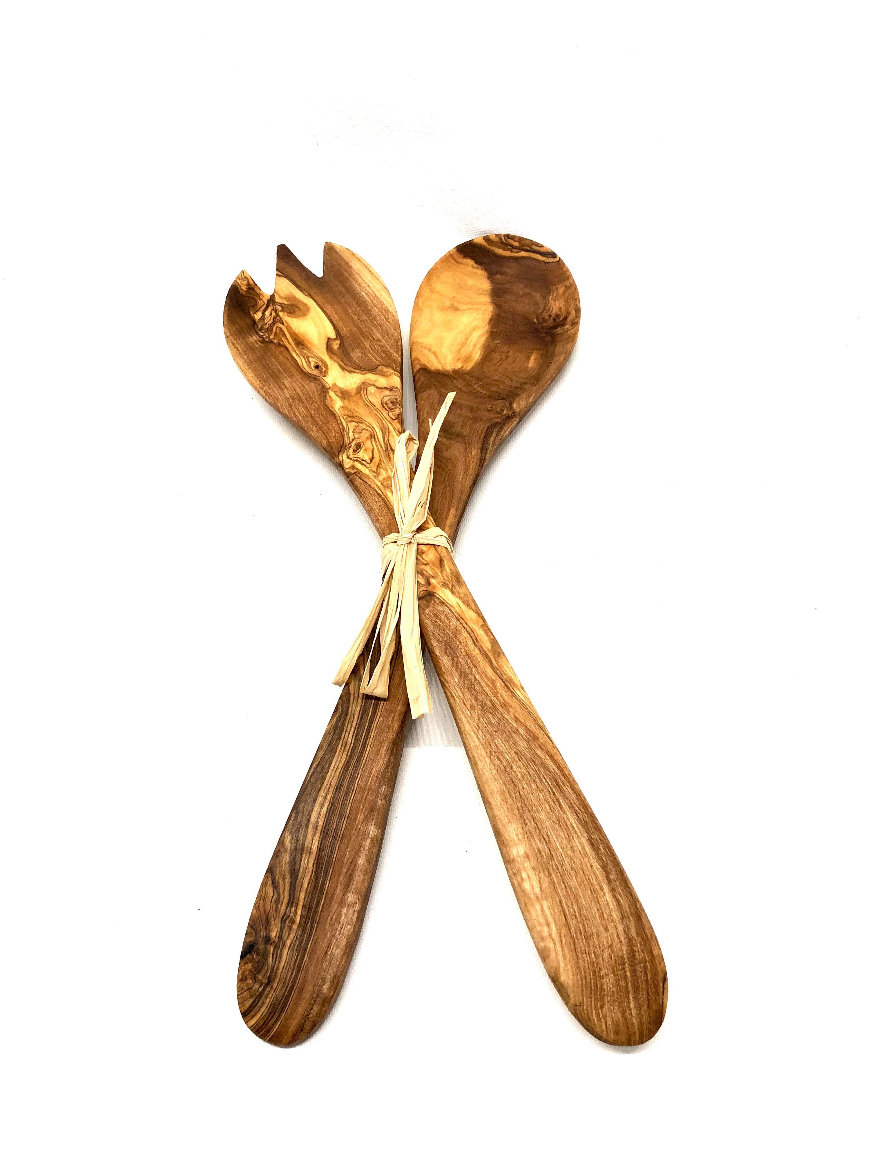 Olivenholz-erleben Salatbesteck aus echtem Olivenholz, mit Bastband gebunden, ca. 36 cm lang (Set, 2-tlg., 1x Salatgabel und 1x Salatlöffel), antibakterielle Wirkung, lebensmittelecht und geschmacksneutral