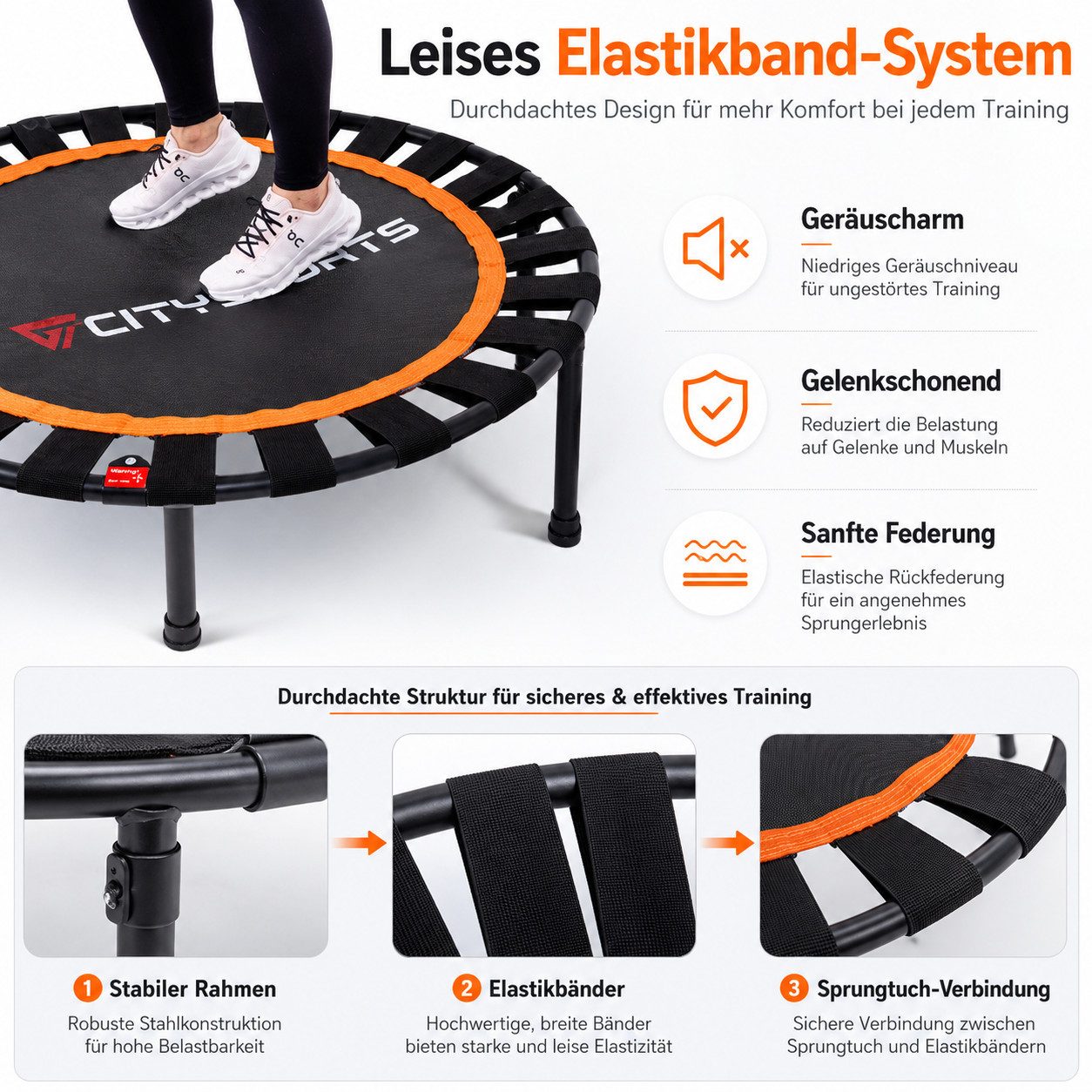 CITYSPORTS Fitnesstrampolin Mini-Trampolin mit Haltegriff 3-fach höhenverstellbar, Ø101cm, mit elastischem Bandsystem, höhenverstellbarer Griff