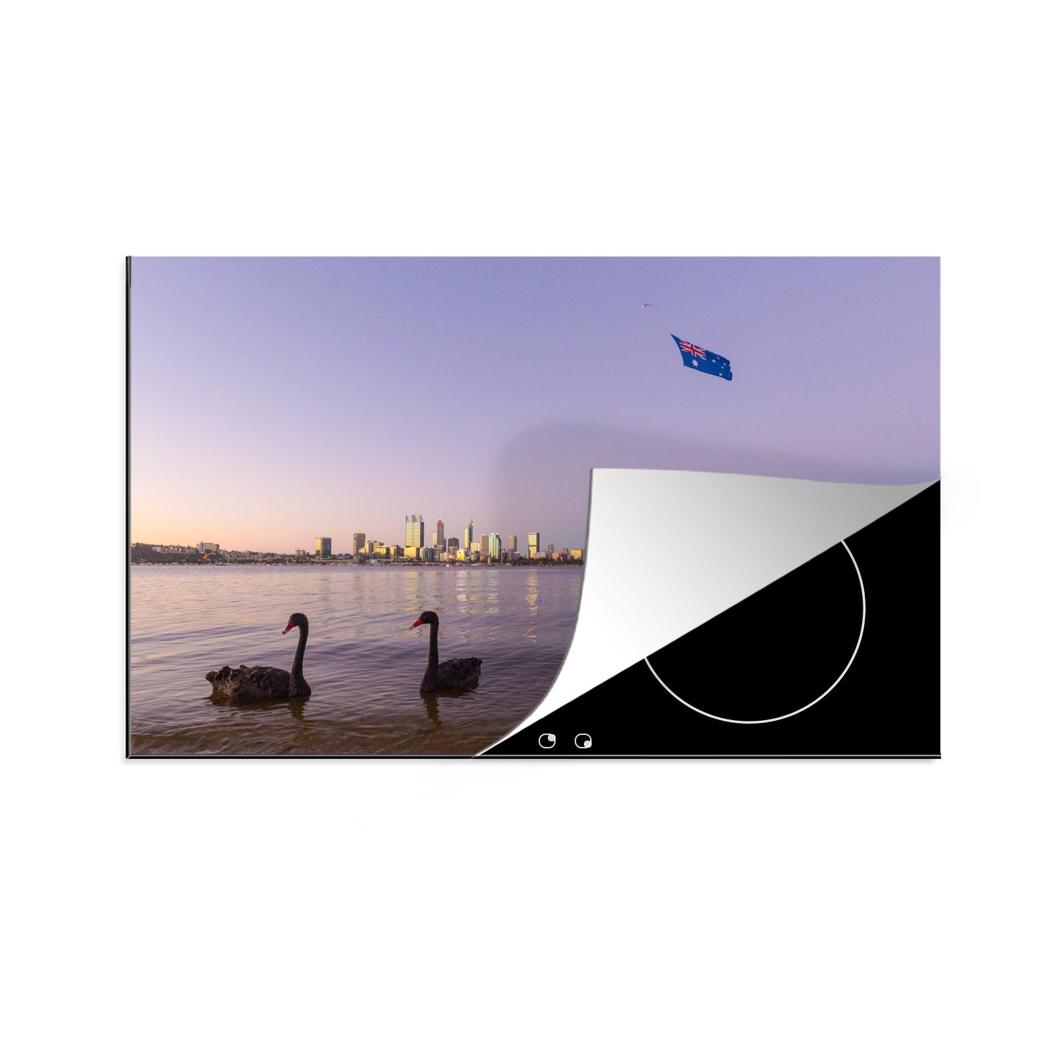 MuchoWow Herdblende-/Abdeckplatte Schwäne - Australien - Ozean, Vinyl, (1 tlg), 81x52 cm, Induktionskochfeld Schutz für die küche, Ceranfeldabdeckung