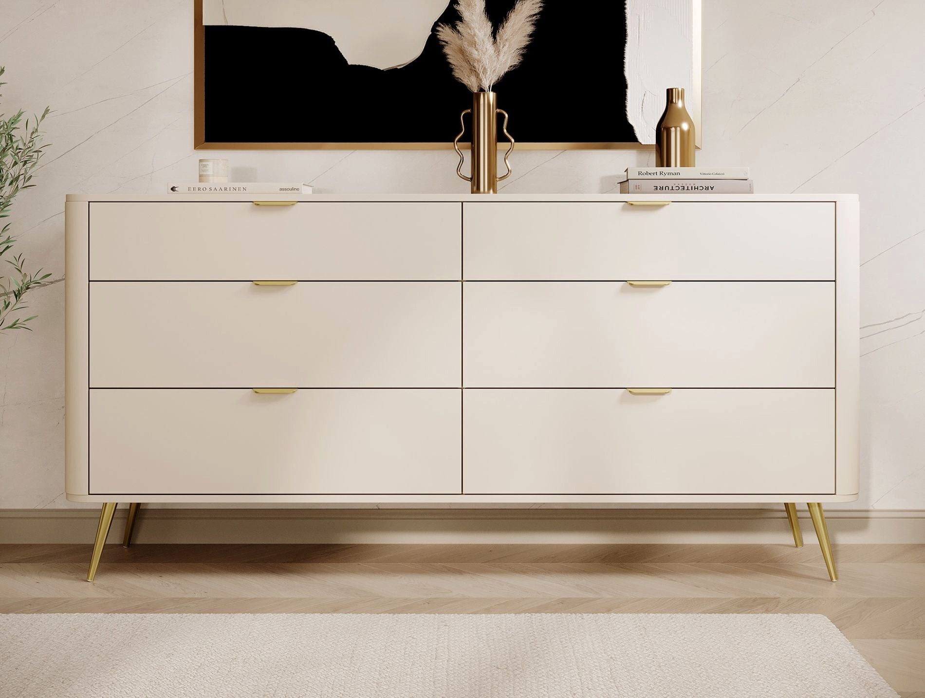 Selsey Kommode OVAL, mit 6 Schubladen, goldenen Füßen und Griffen, 172 cm