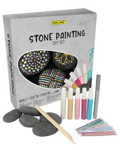 Online Pen Kreativset Steinmalset, (5x schwarze Steine, Metallic Farben, Glitzersteinchen), Bastelset Steine bemalen für Kinder