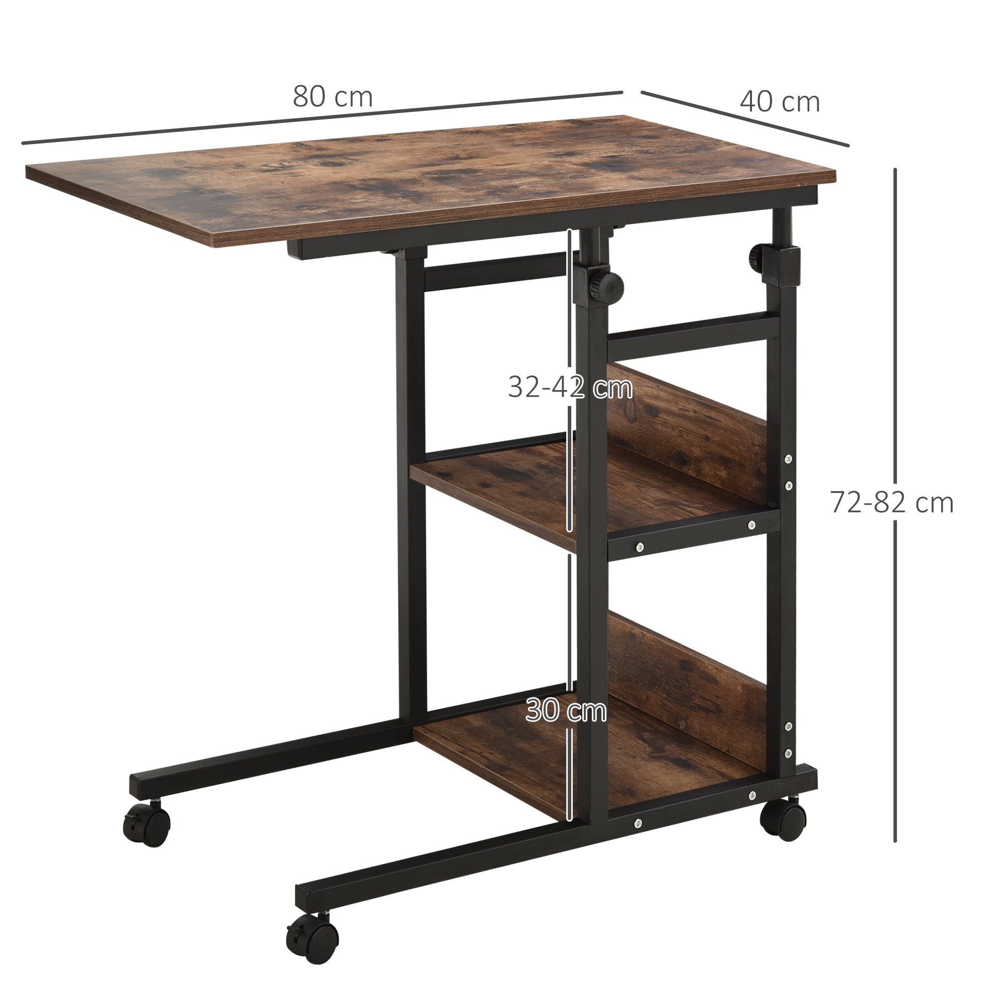 HOMCOM Beistelltisch Couchtisch mit Rollen, Höhenverstellbarer Nachttisch (Sofatisch, 1-St., Standregal), mit 2 unteren Regalen