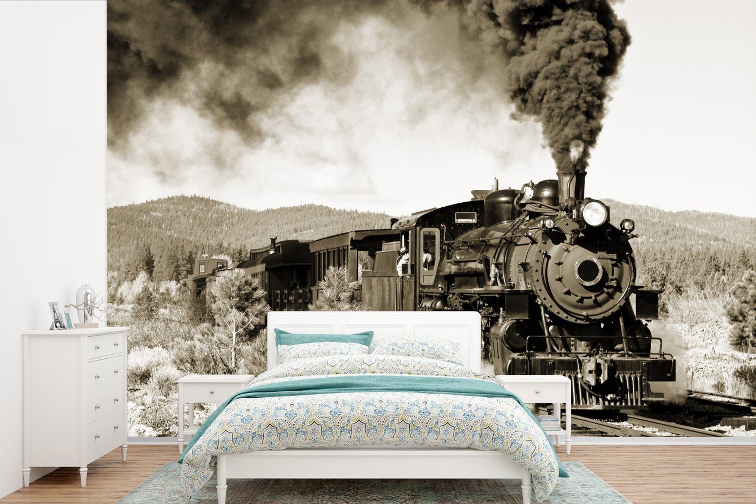 MuchoWow Fototapete Eine antike Dampflokomotive, Matt, bedruckt, (6 St), Wallpaper für Wohnzimmer, Schlafzimmer, Kinderzimmer, Vinyl Tapete
