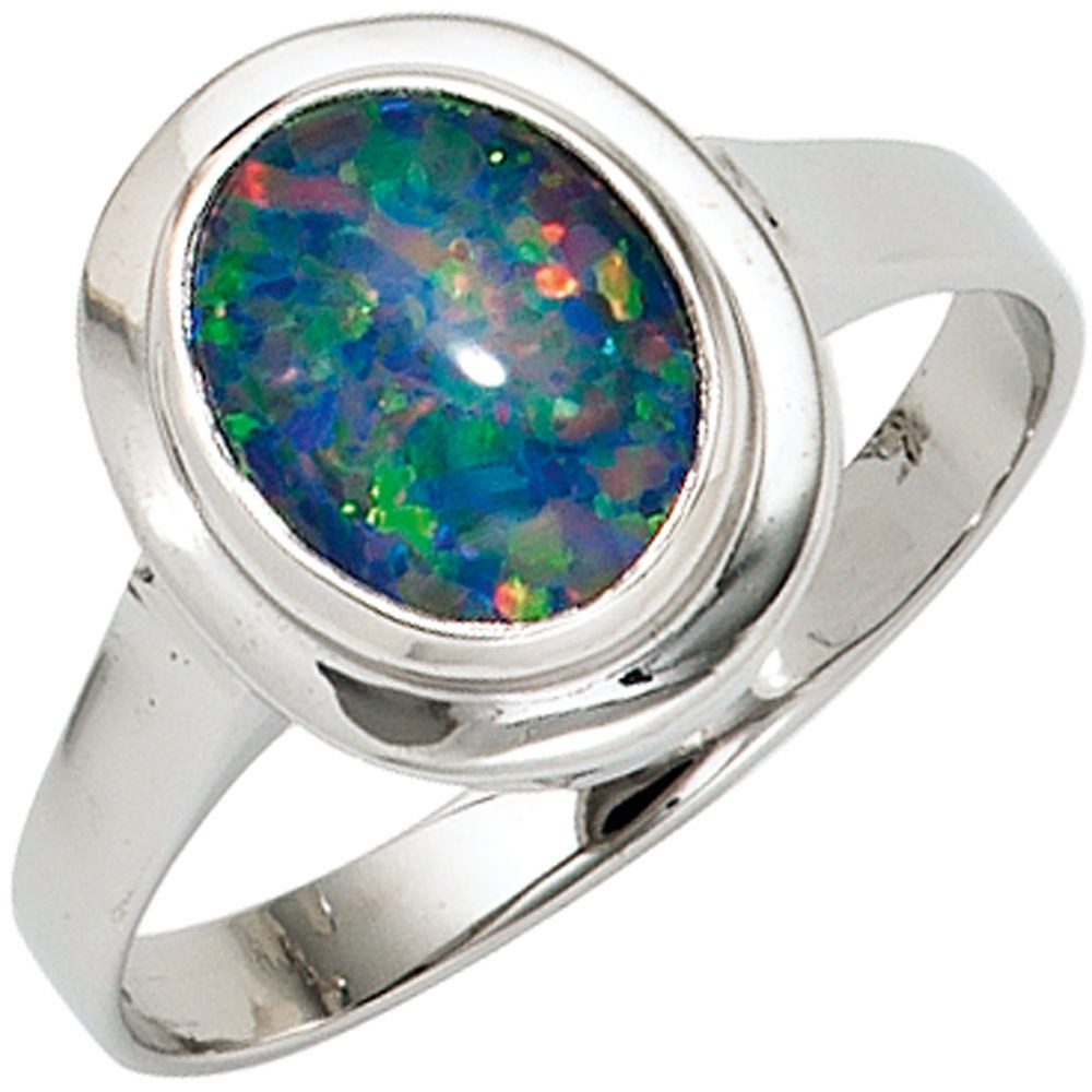 Goldring Ring mit Opal oval blau-grün 585 Weißgold