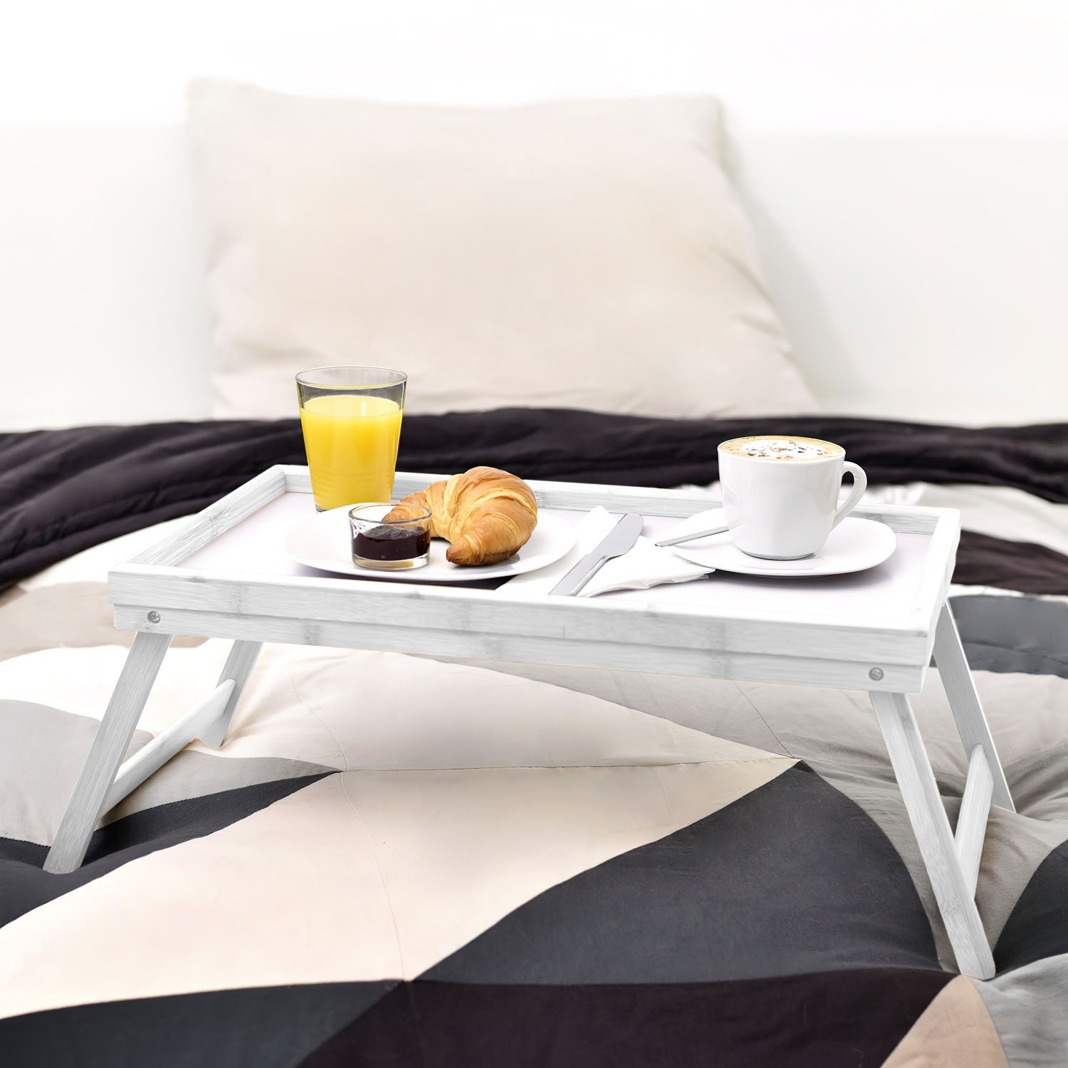 Dimono Tabletttisch Frühstückstablett Bambus Serviertablett Bett-Tablett, Weiß Betttisch