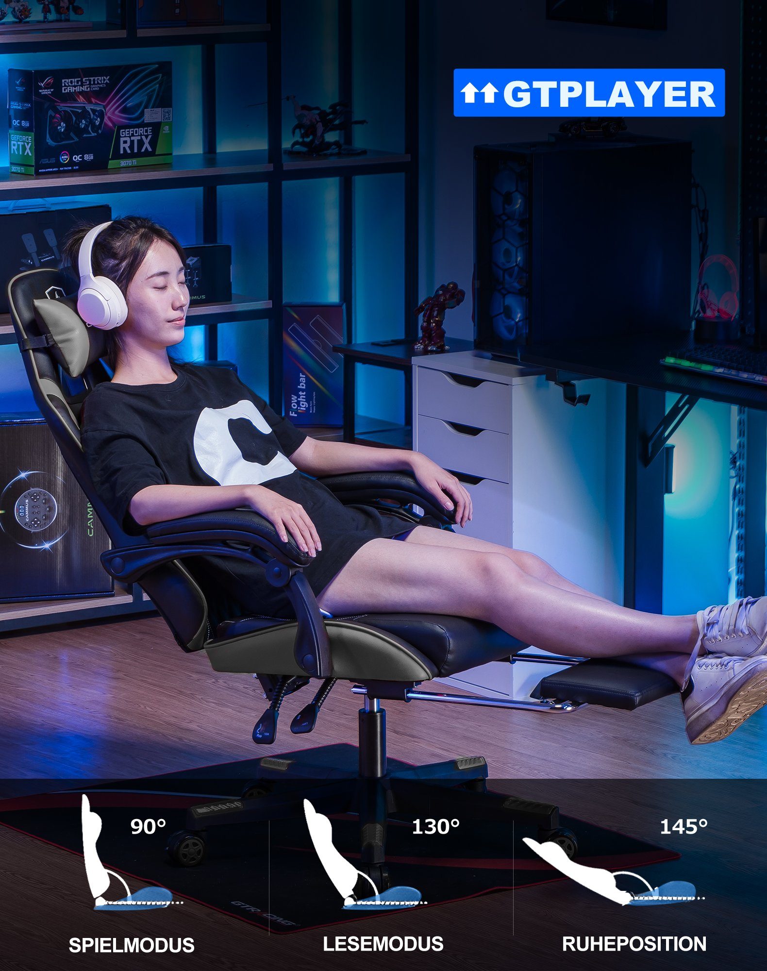 GTPLAYER Gaming-Stuhl Gamer Stuhl, Ergonomischer Bürostuhl mit Fußstütze, Kopfstütze und Lendenstütze – Bild 3 von 5