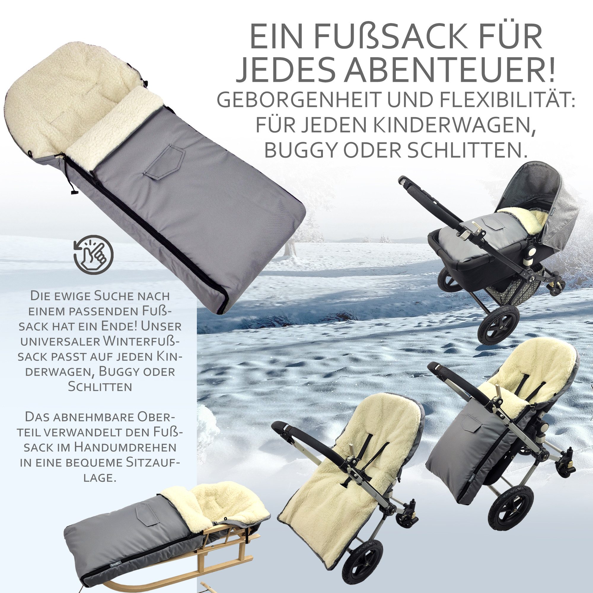BambiniWelt by Rafael K. Schlitten CE-HOLZSCHLITTEN mit Rückenlehne Zugleine + WINTERFUßSACK Wolle 108cm (universaler Winterfußsack (108cm) + Holzschlitten (90cm), Kombi-Angebot