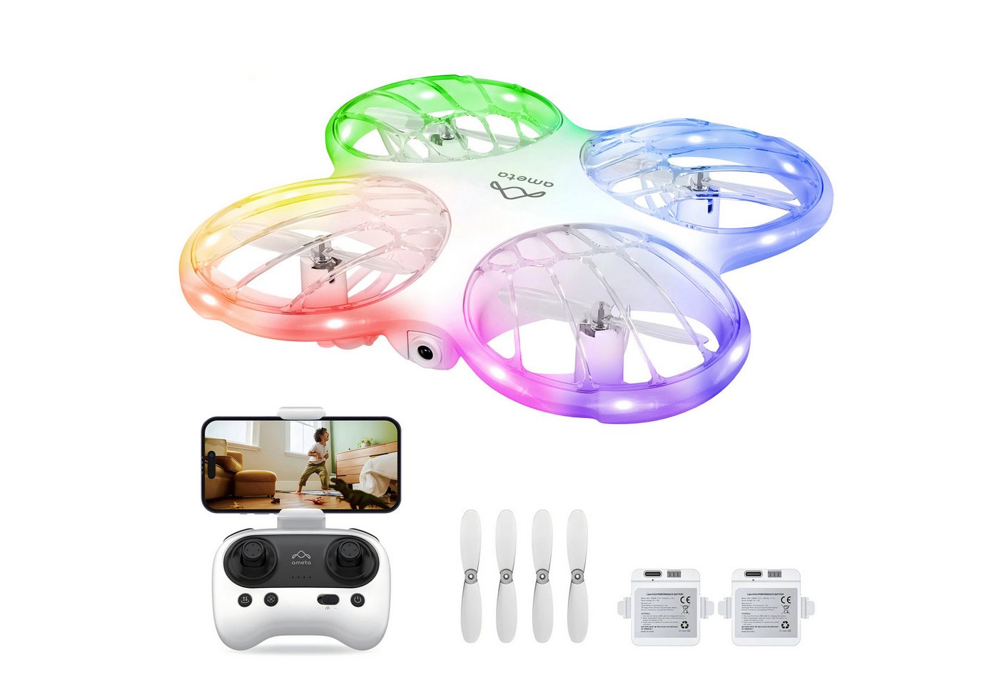 AMETA Morpho Drohne (1080P FHD, Set, Verloren Buzzer, FPV, 32 RGB Licht, 18 min Flugzeit, STEM-Module, für Anfänger)