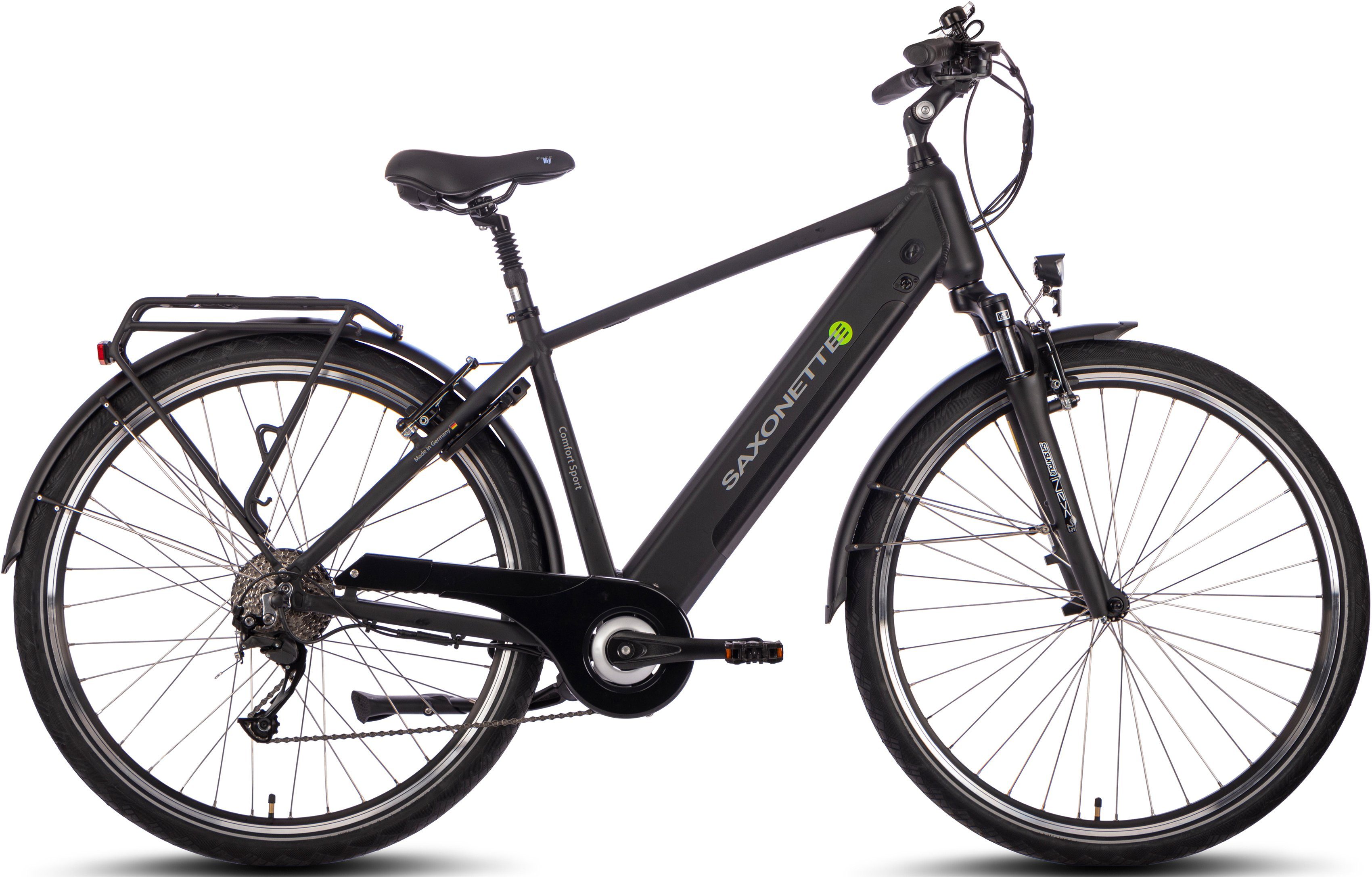 SAXONETTE E-Bike Trekkingrad Comfort Sport, 9 Gang Shimano Alivio Schaltwerk, Kettenschaltung, Heckmotor, 418 Wh, (mit integr. Rahmenschloss und Trapez-Rahmen), Pedelec, Elektrofahrrad für Damen u. Herren
