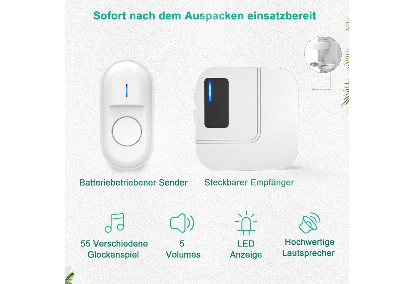 Thumbnail - SURFOU Türklingel-Set Funkklingel Kabellos Wasserdicht Türklingel 400m Reichweite 110dB 1T1, Aussen Batteriebetrieben Kl...