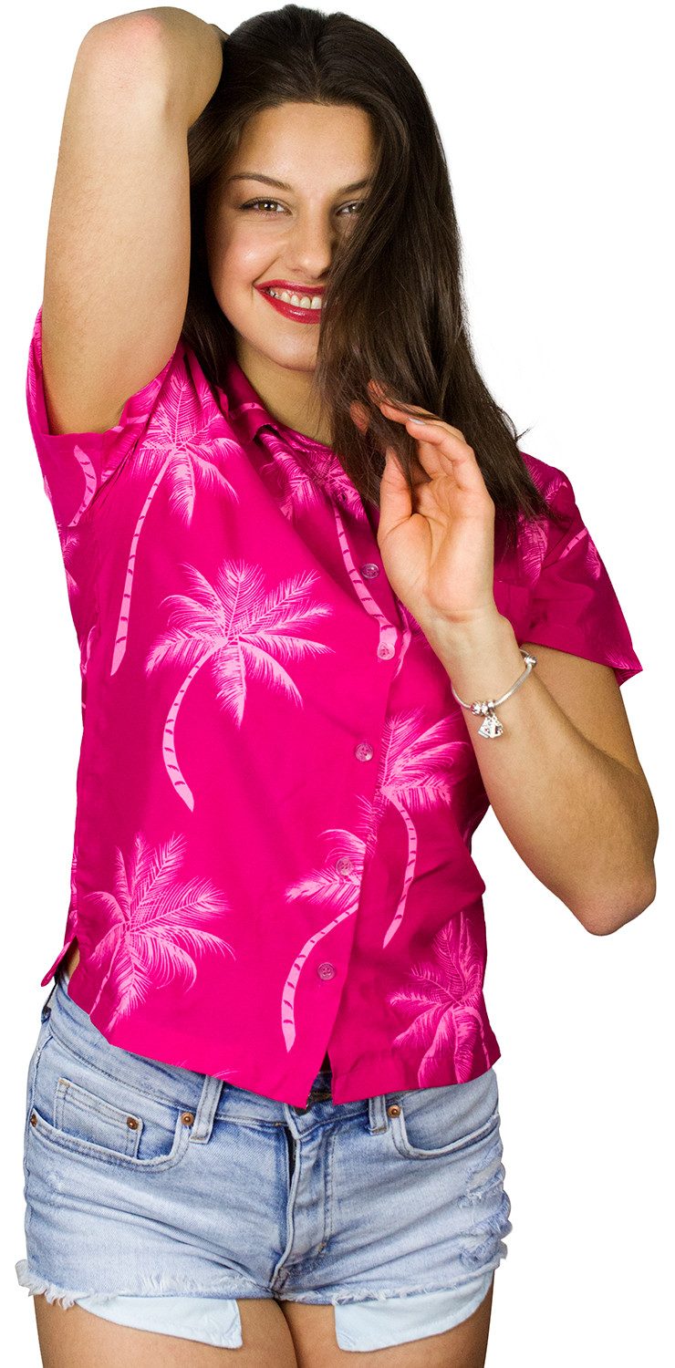 King Kameha Hawaiihemd Palmshadow Funky Hawaiibluse Damen Kurzarm Front-Tasche Stylish