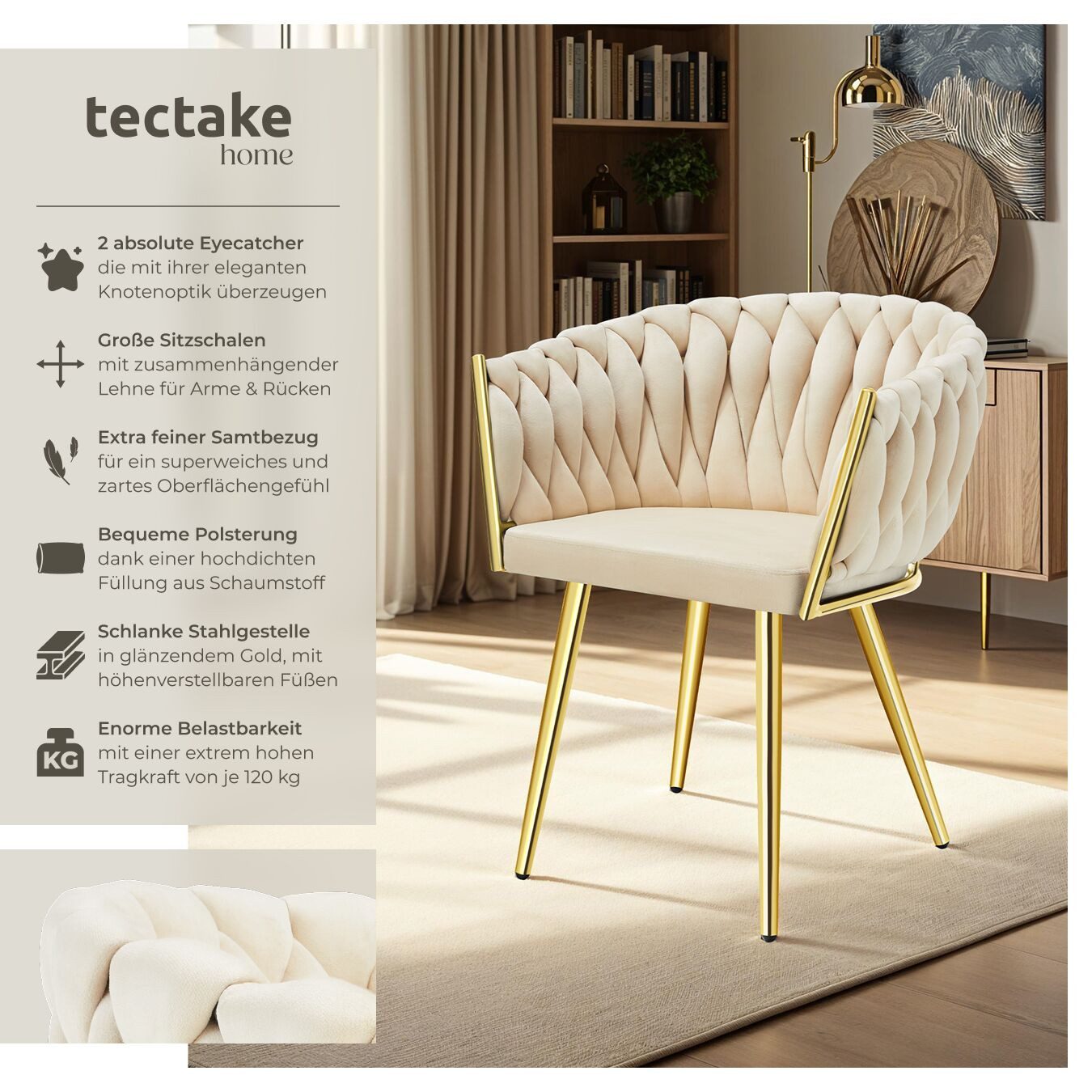 tectake Esszimmerstuhl Samtstuhl gepolstert, mit Samtbezug, Knotendesign, 60,5 x 55 x 75 cm (Polsterstuhl Astano in sandfarben/gold, 2 St), Stahlbeine, höhenverstellbare Kunststofffüße, Belastbarkeit 120 kg