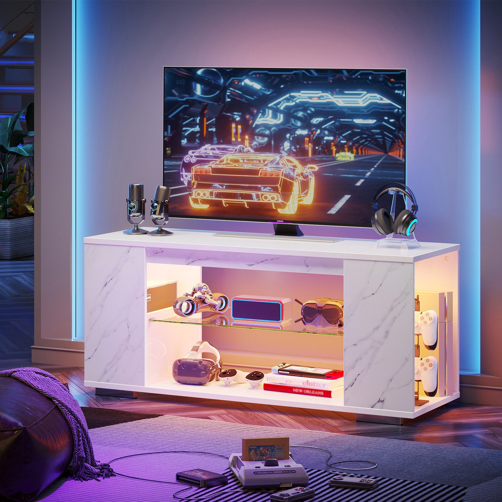 Pinmoco TV-Schrank tv lowboard, TV-Schrank mit 7 Lichtfarben, Stauraum, 120 cm lang