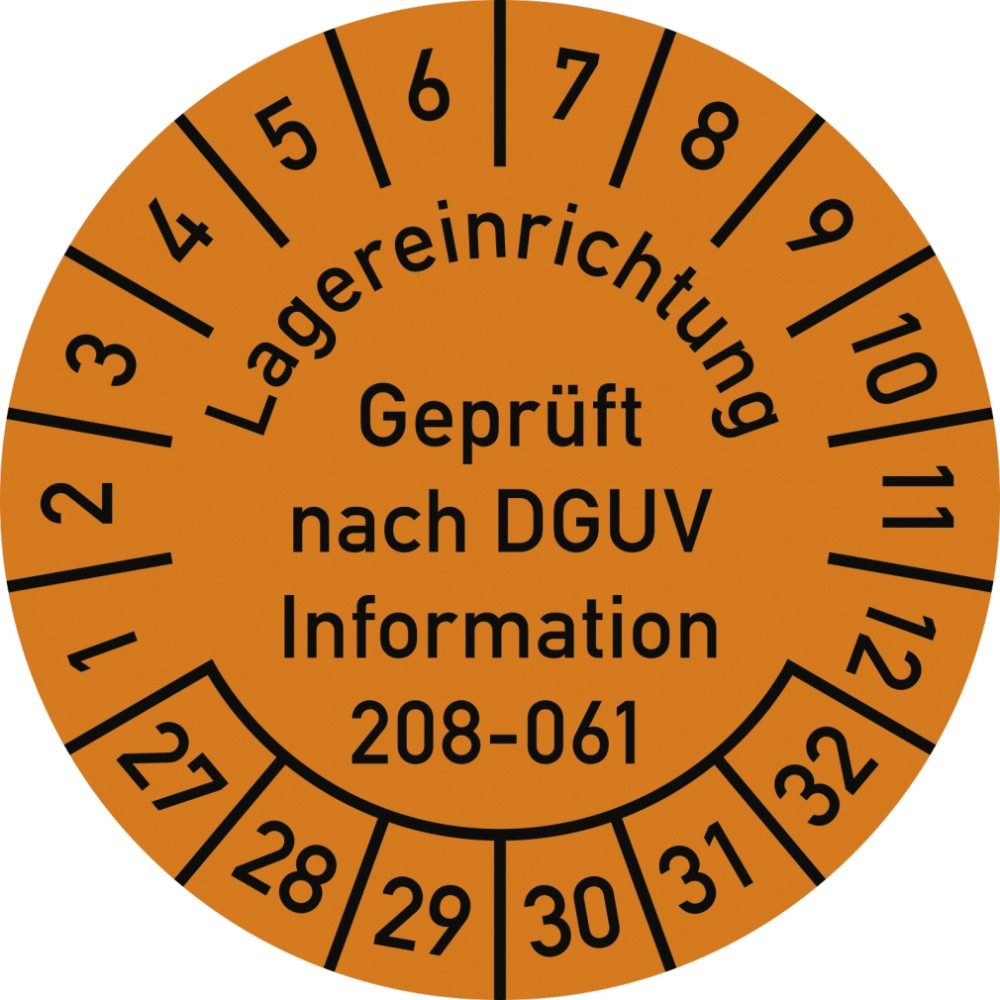Hinweisschild Prüfplakette Lagereinrichtung DGUV-208-061, 2027-2032, Folie, Ø 30mm