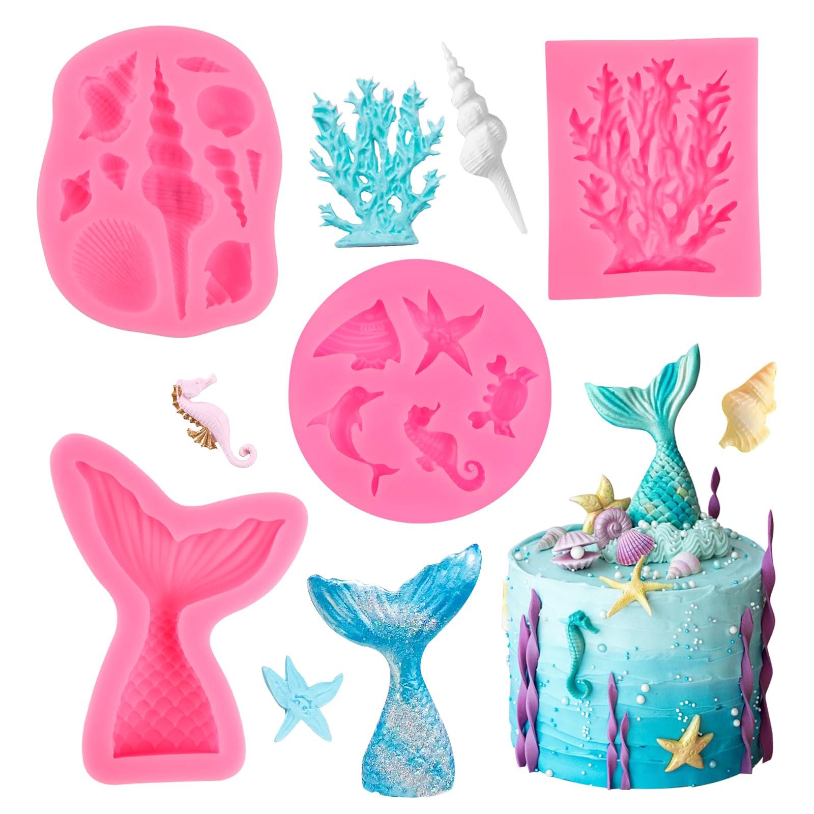 FOUORTUNATE-BEE Silikonform 4-teiliges Silikonformen Set mit Meerjungfrau- und Meerestiermotiven, (Fondantform Silikon Backform für Kuchen, Schokolade, Süßigkeiten, Seife und Desserts 4-tlg)