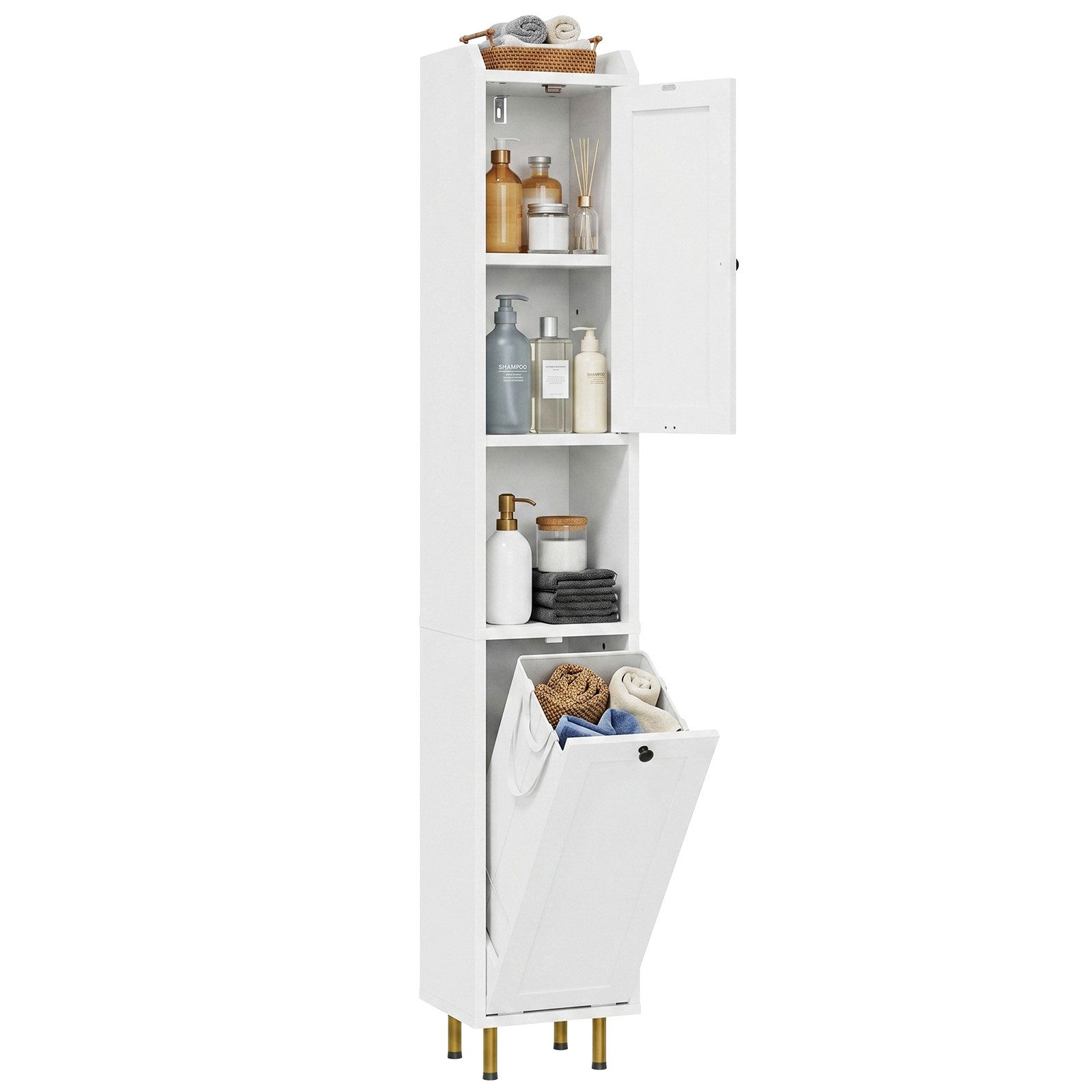 TLGREEN Badkommode Badezimmerschrank mit Wäschekorb, (37 L Wäschebeutel, Standschrank mit 4 Aufbewahrungszonen), verstellbare Böden, 25 kg Tragkraft, Kippschutz