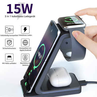 7Magic Qi Ladegerät Induktive Ladestation Wireless Charger (2500,00 mA, 3 In 1 Magnetisches Kabelloses Ladegerät, für iPhone, Airpods, Apple Watch/Android/Samsung)
