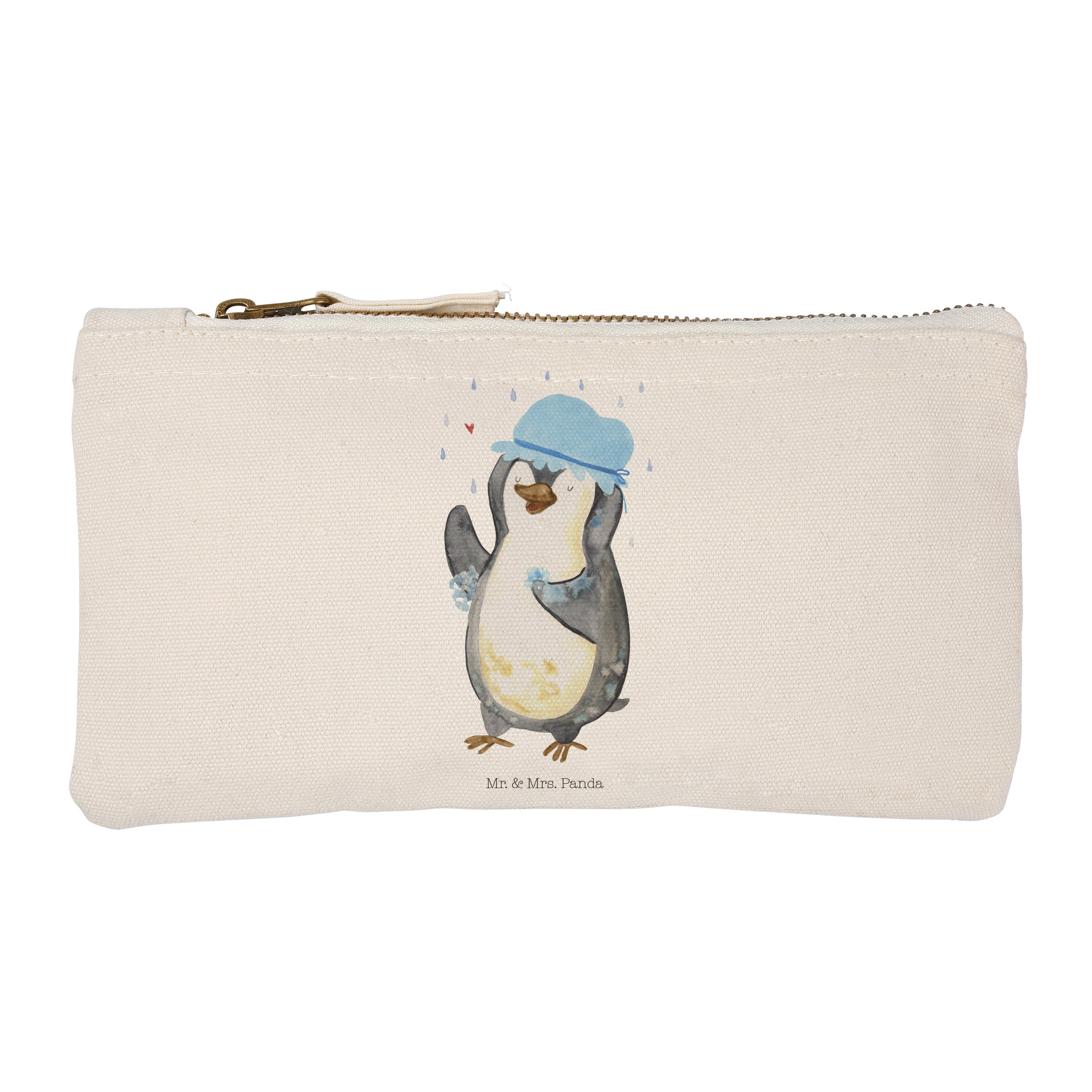 Mr. & Mrs. Panda Kosmetiktasche Pinguin duscht - Weiß - Geschenk, Damen, Etui, duschen, glücklich sei (1-tlg)