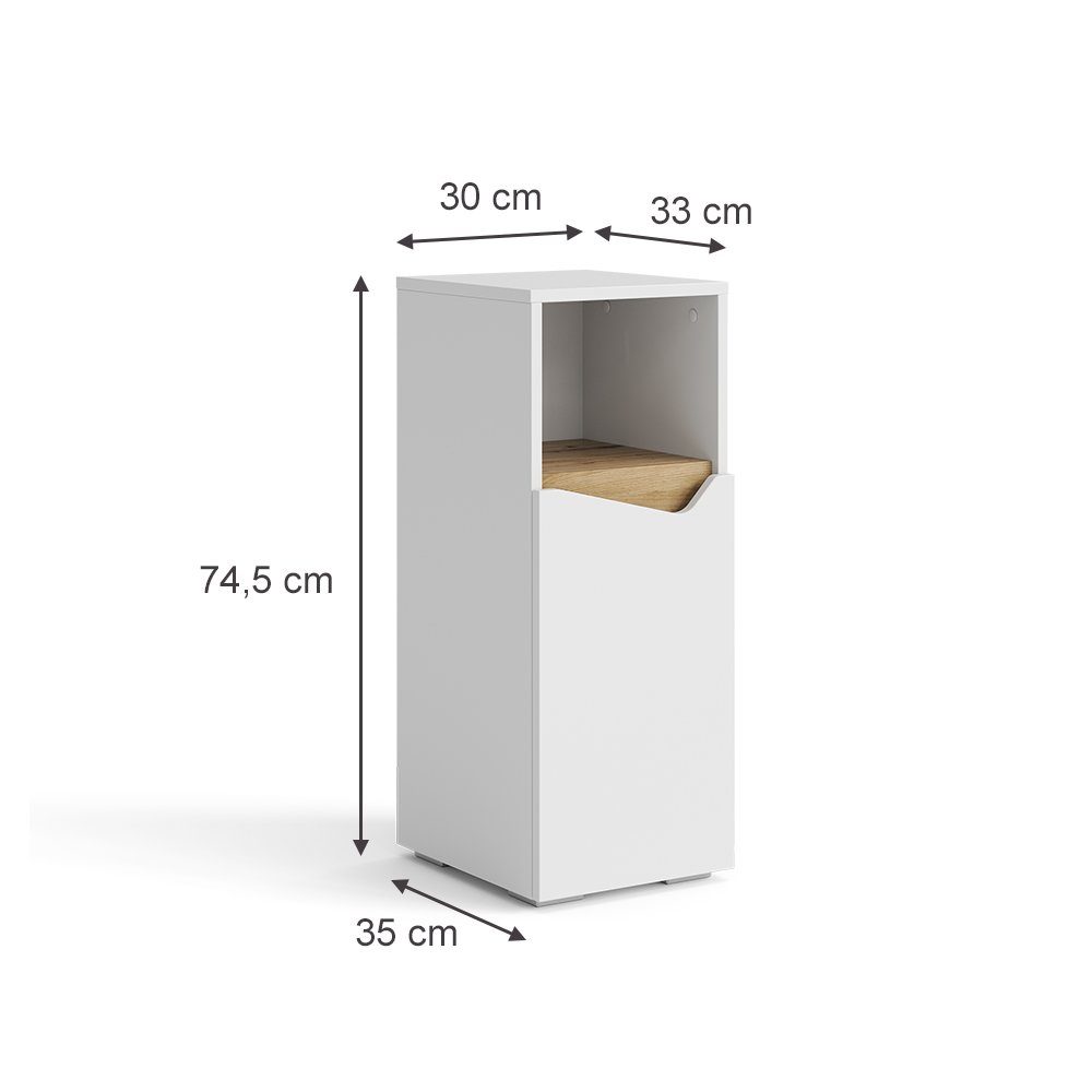 Vicco Midischrank Marelle, Weiß/Artisan-Eiche, 30 x 74.5 cm mit Tür und offenem Fach (1-St)