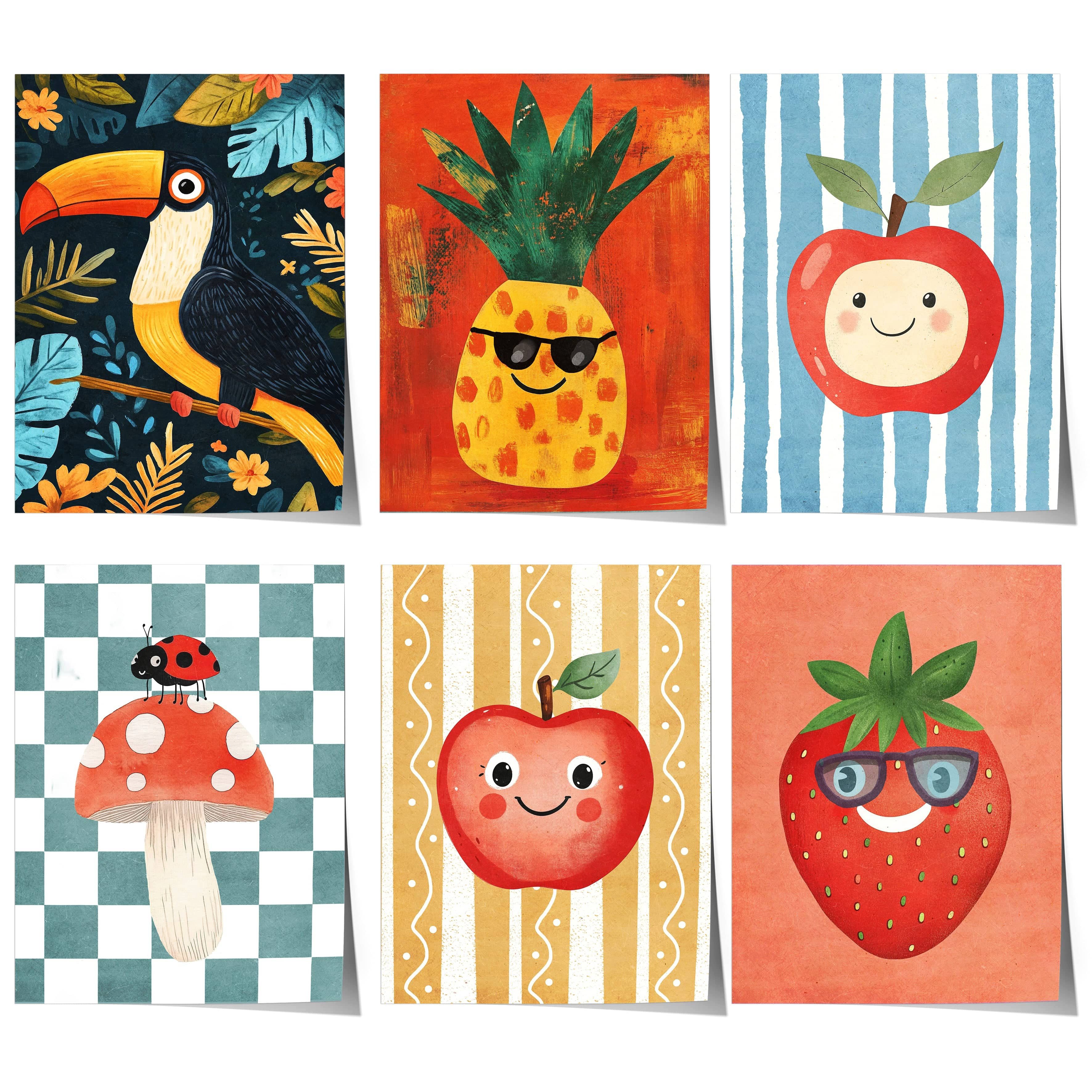 JUSTGOODMOOD Poster Kinderzimmer Apfel Erdbeere Ananas Tukan Geschenkidee für Kinder Rot B, E (1 St)