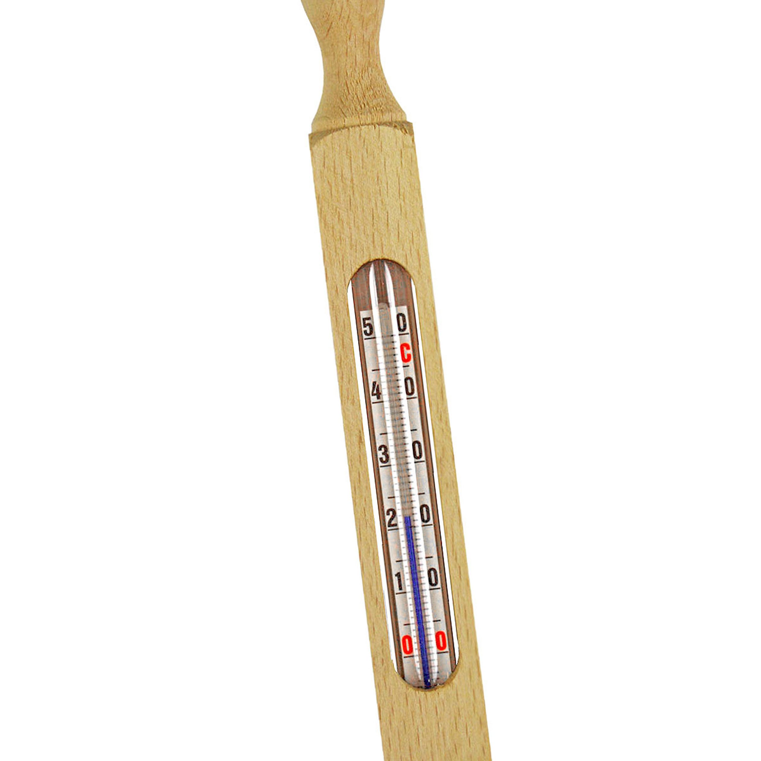 Lantelme Badethermometer Klassisches Holz Bade Thermometer Badezwinge für Badewanne Badewasser, Wasser Thermometer mit Lederband anbei zum aufhängen, 25cm Lang, Temperatur -5 bis +50°C Analog, Deutsche Herstellung