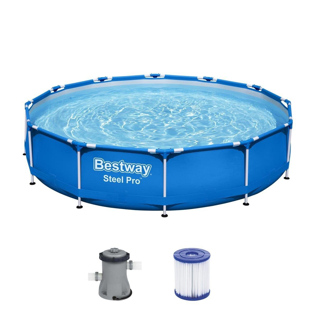 Bestway Framepool SteelPro Pool Komplettset, Rund, Aufstellpool 366x76cm, Planschbecken (Gartenpool mit Pumpe Set, Gross, Aufstellbecken, Familienpool, Kinderpool), Schwimmbecken für Garten, Stahlrahmen, mit Filterpumpe + Filter