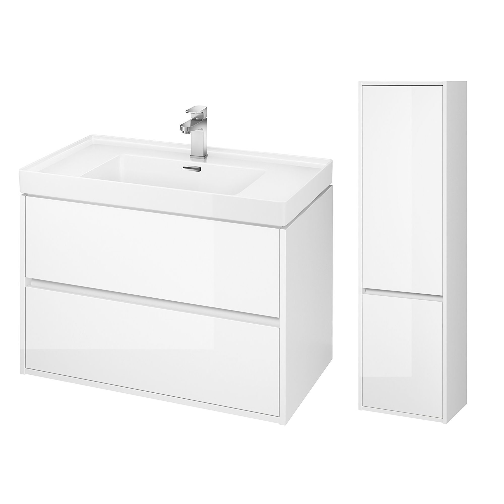 KOLMAN Badmöbel-Set CREA 80 Waschbecken-Unterschrank mit Hochschrank 140x40x25, (Weiß), mit Schubladen & Keramikwaschbecken