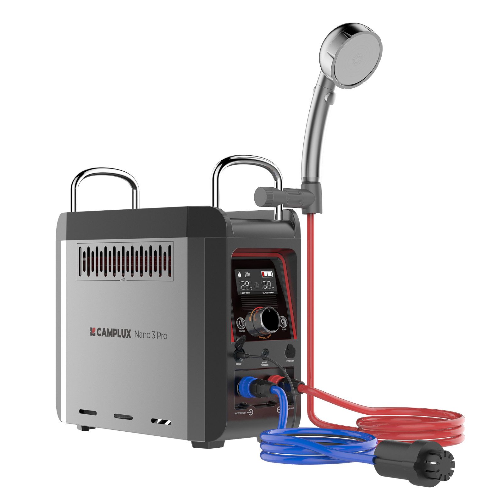 CAMPLUX Durchlauferhitzer 3 Liter LPG Propan Nano 3 Pro-DE, 50 mbar, min. 20 °C, max. 50 °C, Mobiler Durchlauferhitzer mit Wasserpumpe und Griff 12V Campingdusche