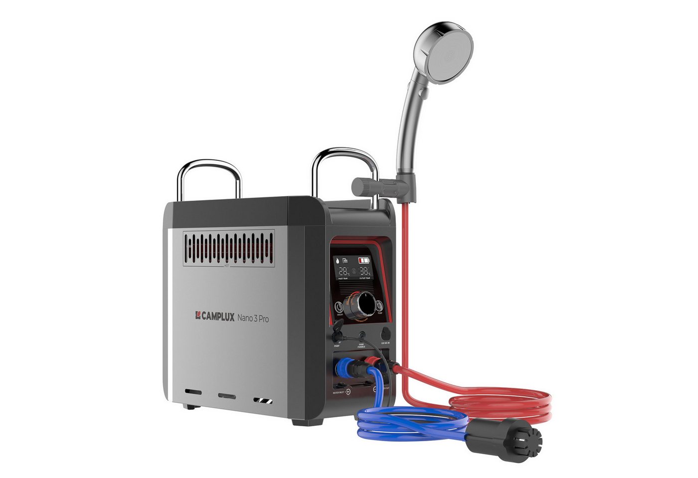 CAMPLUX Durchlauferhitzer 3 Liter LPG Propan Nano 3 Pro-DE, 50 mbar, min. 20 °C, max. 50 °C, Mobiler Durchlauferhitzer mit Wasserpumpe und Griff 12V Campingdusche