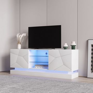 Merax TV-Schrank mit verstellbaren Einlegeböden Hochglanz mit LED-Beleuchtung, Lowboard mit Glasablagen, Breite: 160cm